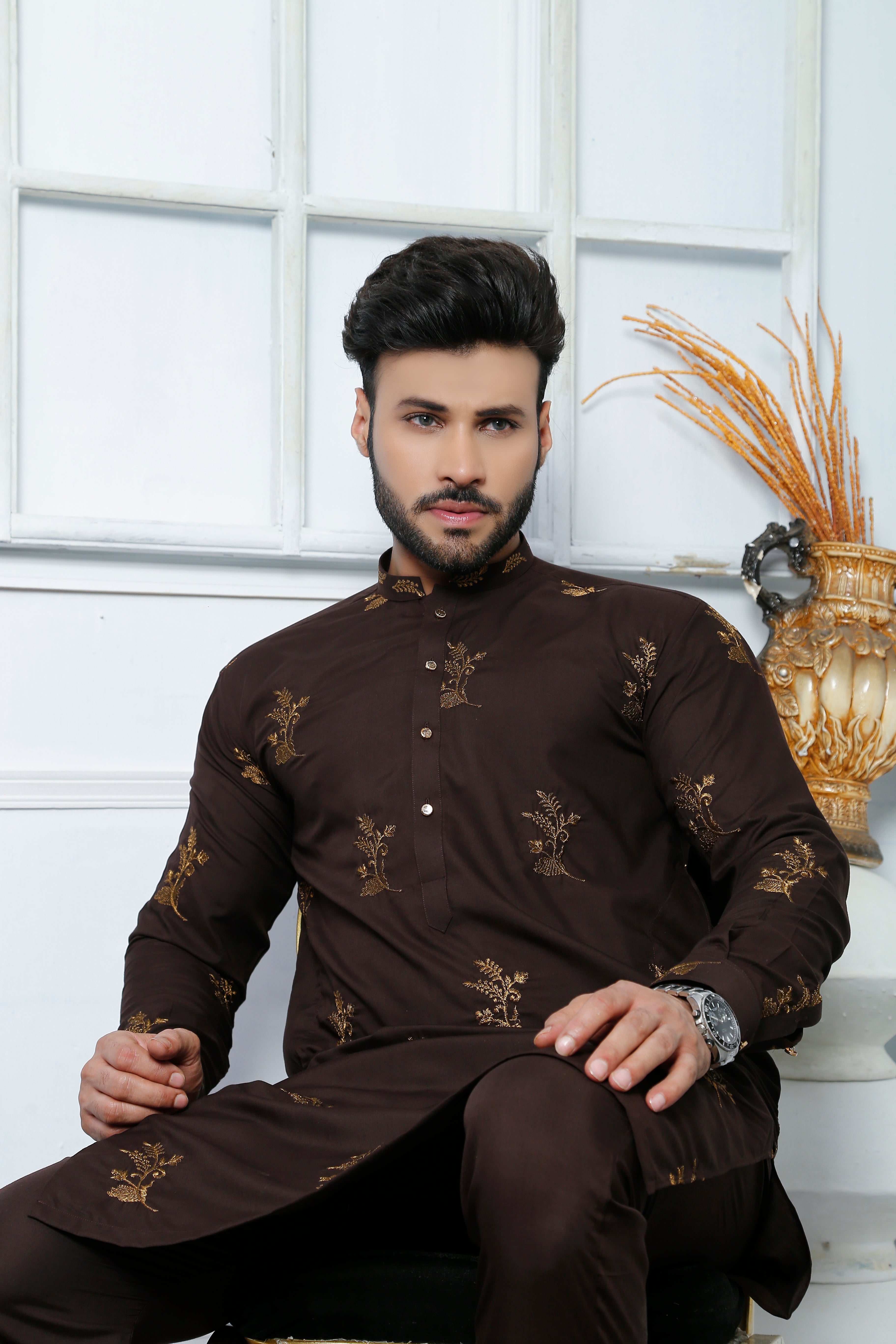 Deep Brown Boti Embroidered Cotton-Silk Kurta Pajama (2-Piece) - Image 1