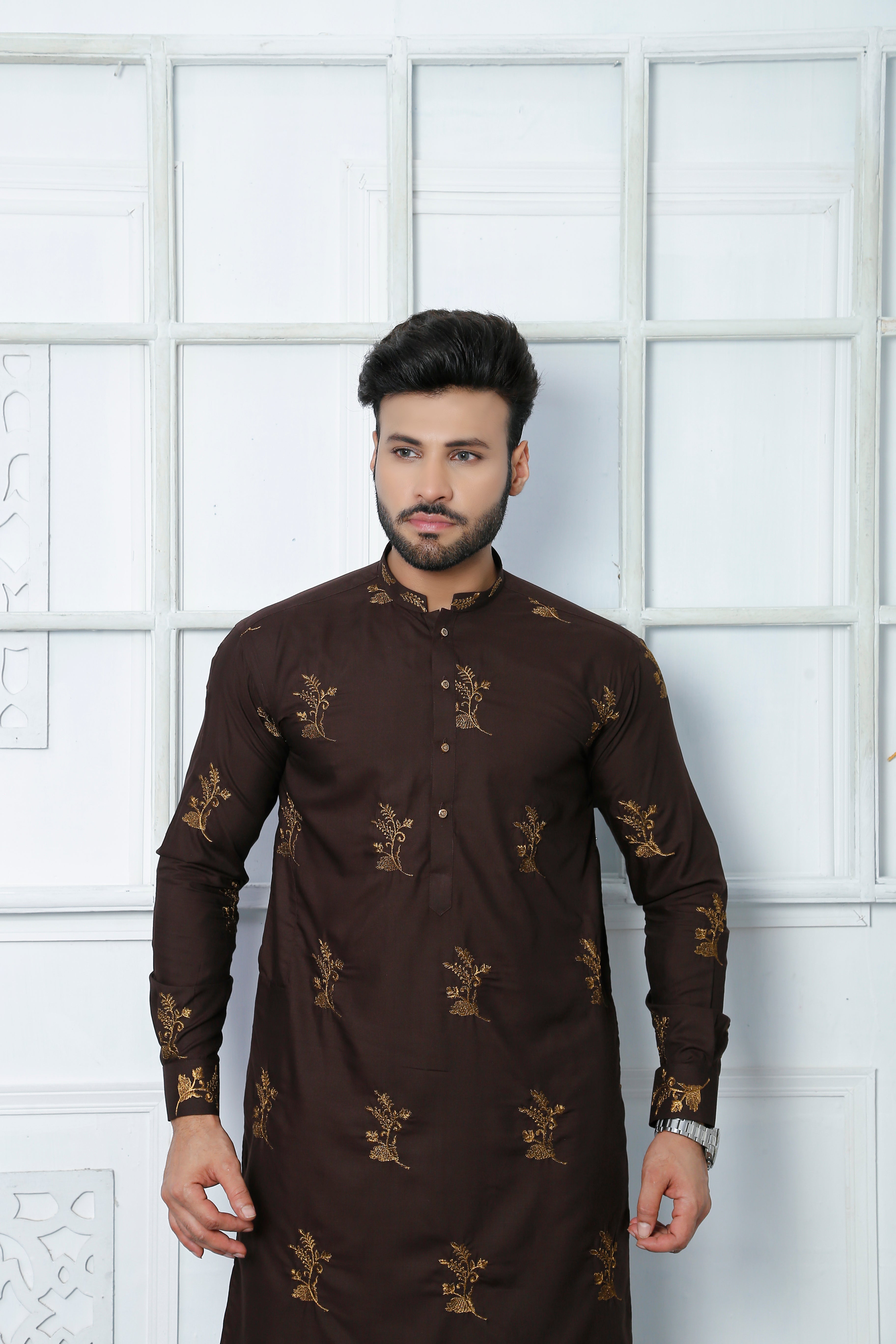 Deep Brown Boti Embroidered Cotton-Silk Kurta Pajama (2-Piece) - Image 2