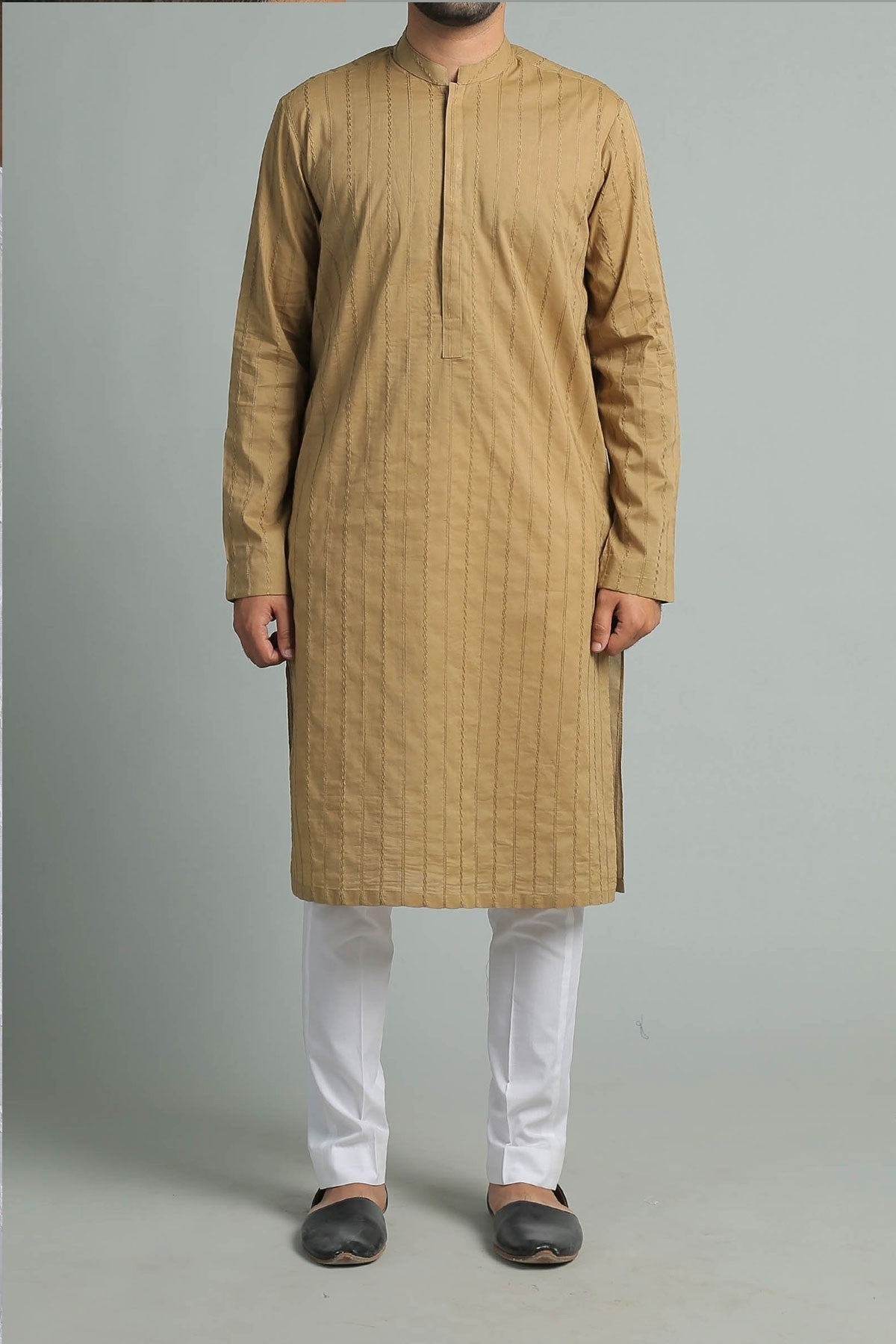 Light Brown Embroidered Egyptian Cotton Kurta (2-Piece) - Image 1