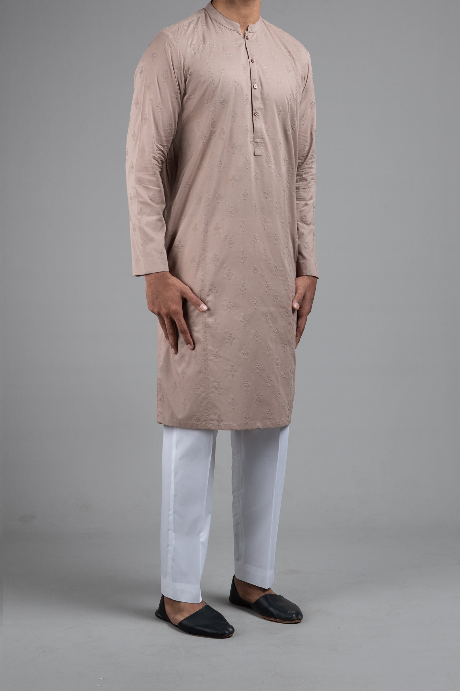 Brown Embroidered Egyptian Cotton Kurta (2-Piece) - Image 1