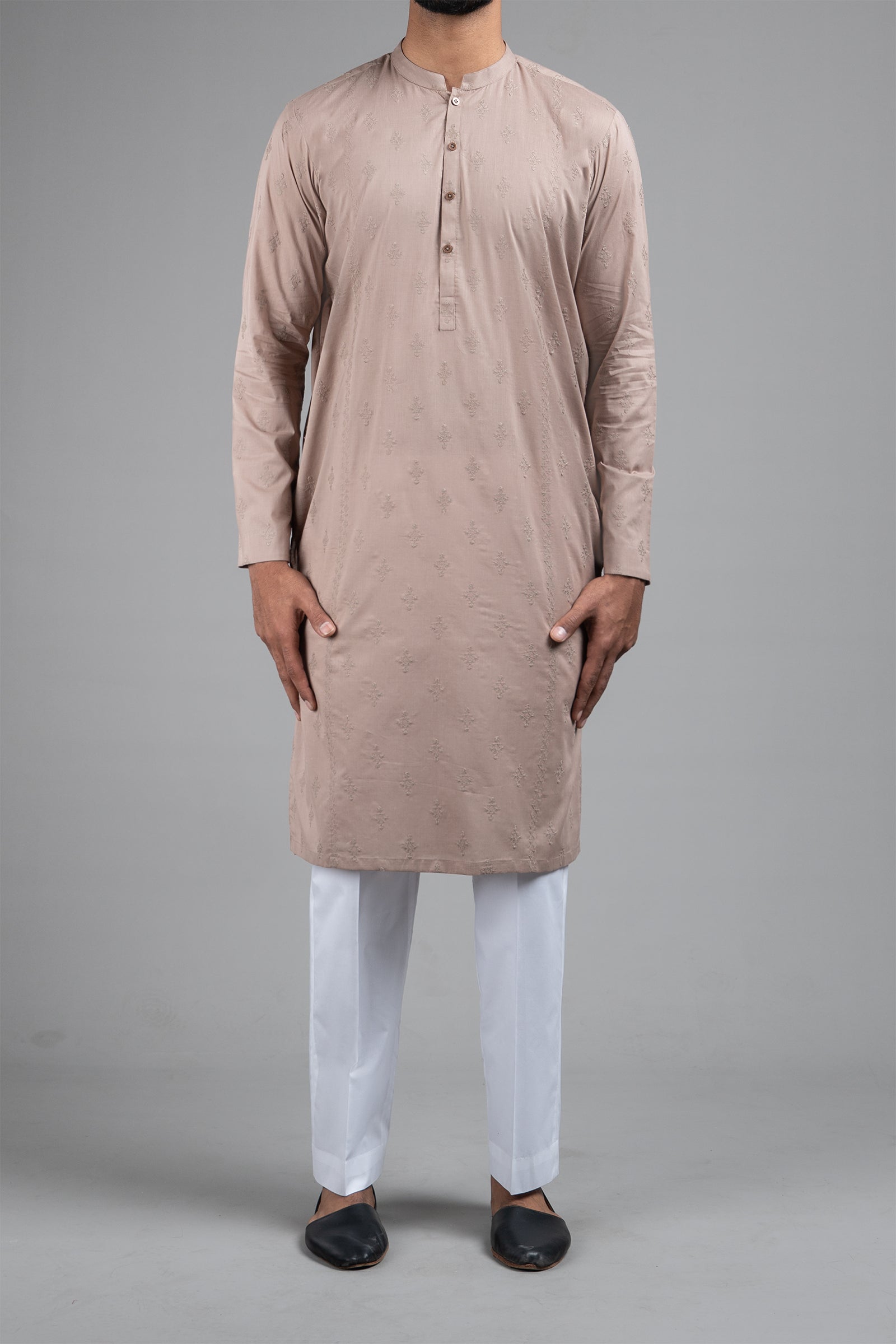 Brown Embroidered Egyptian Cotton Kurta (2-Piece) - Image 2