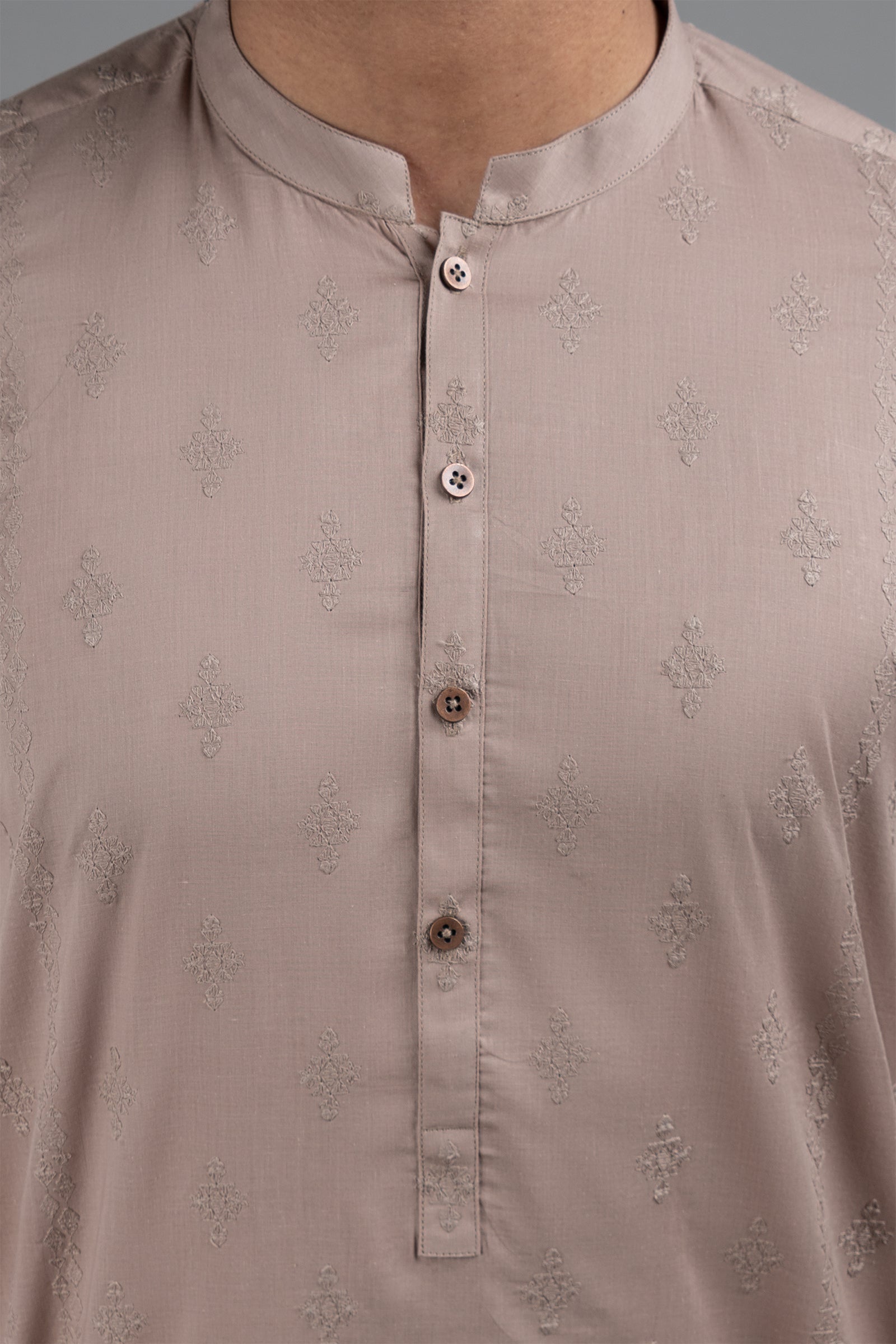 Brown Embroidered Egyptian Cotton Kurta (2-Piece) - Image 3