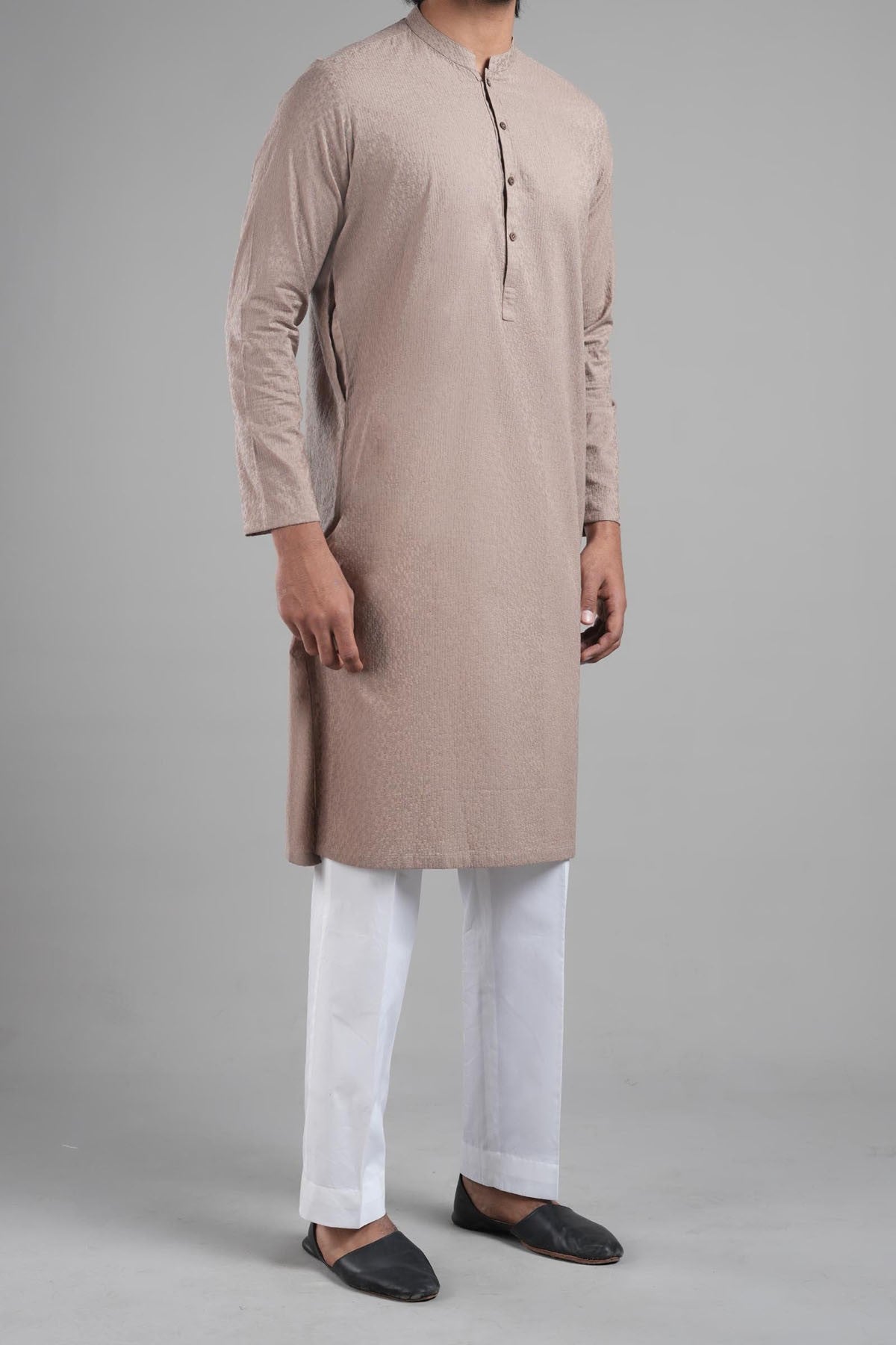 Ash Brown Embroidered Egyptian Cotton Kurta (1-Pc) - Image 1