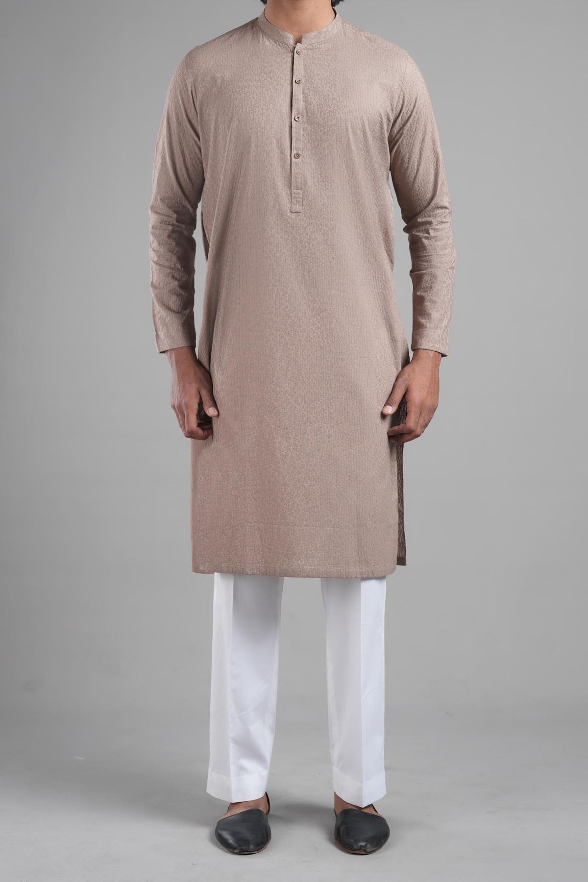 Ash Brown Embroidered Egyptian Cotton Kurta (1-Pc) - Image 2