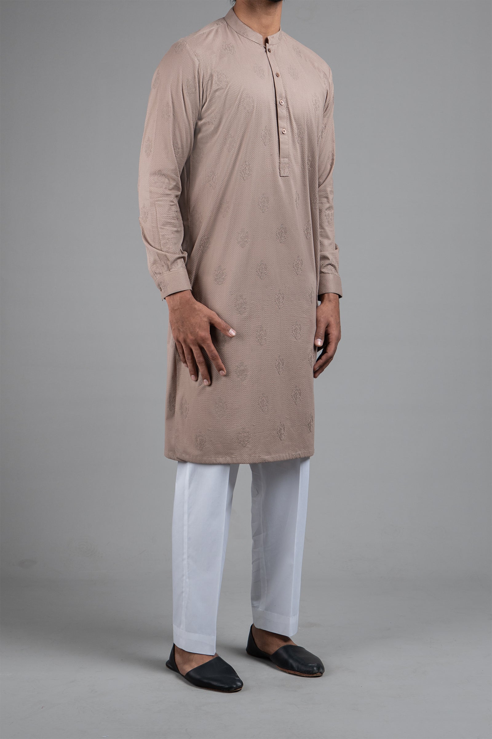 Brown Embroidered Egyptian Cotton Kurta (2-Piece) - Image 1