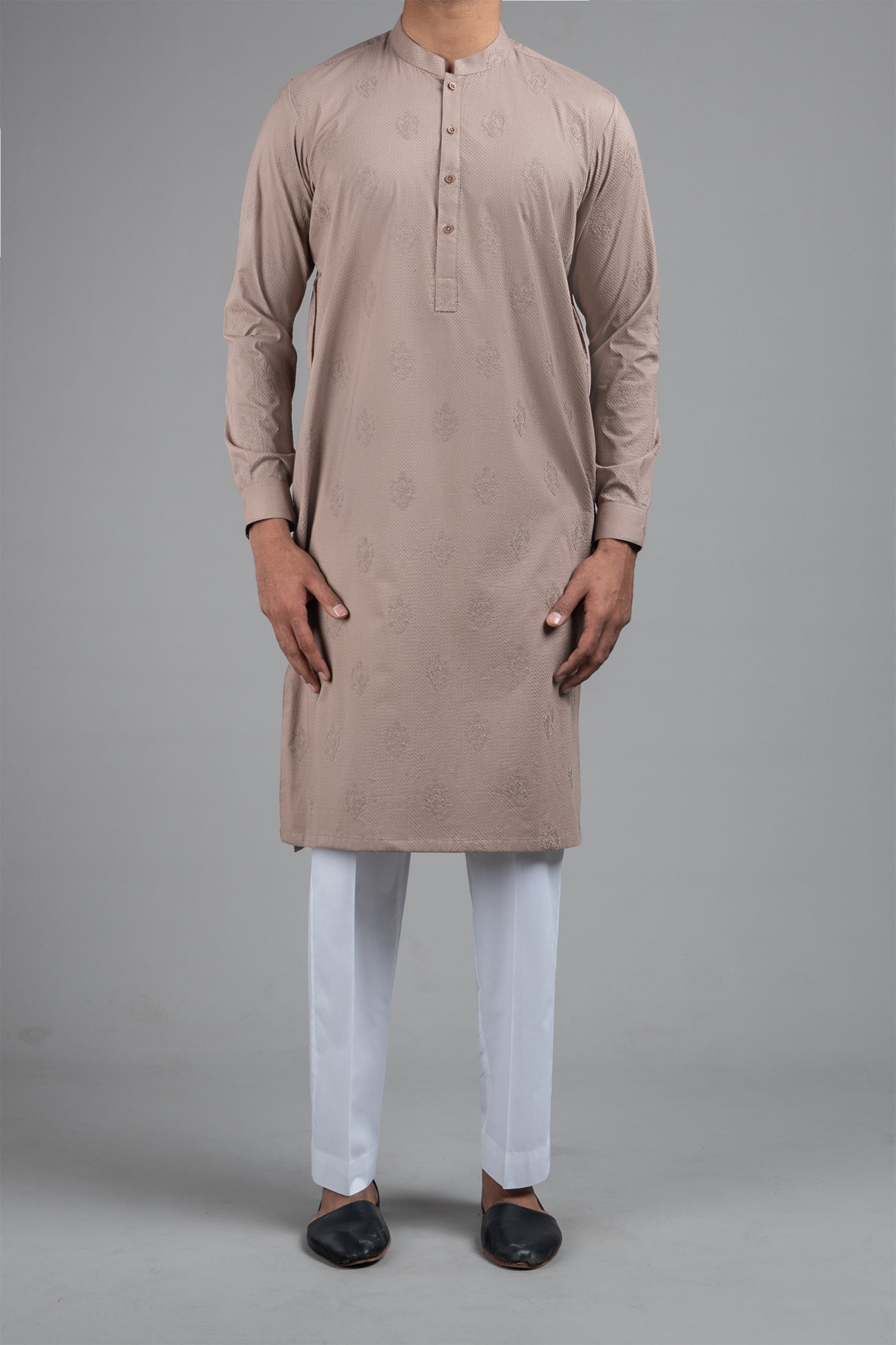 Brown Embroidered Egyptian Cotton Kurta (2-Piece) - Image 2