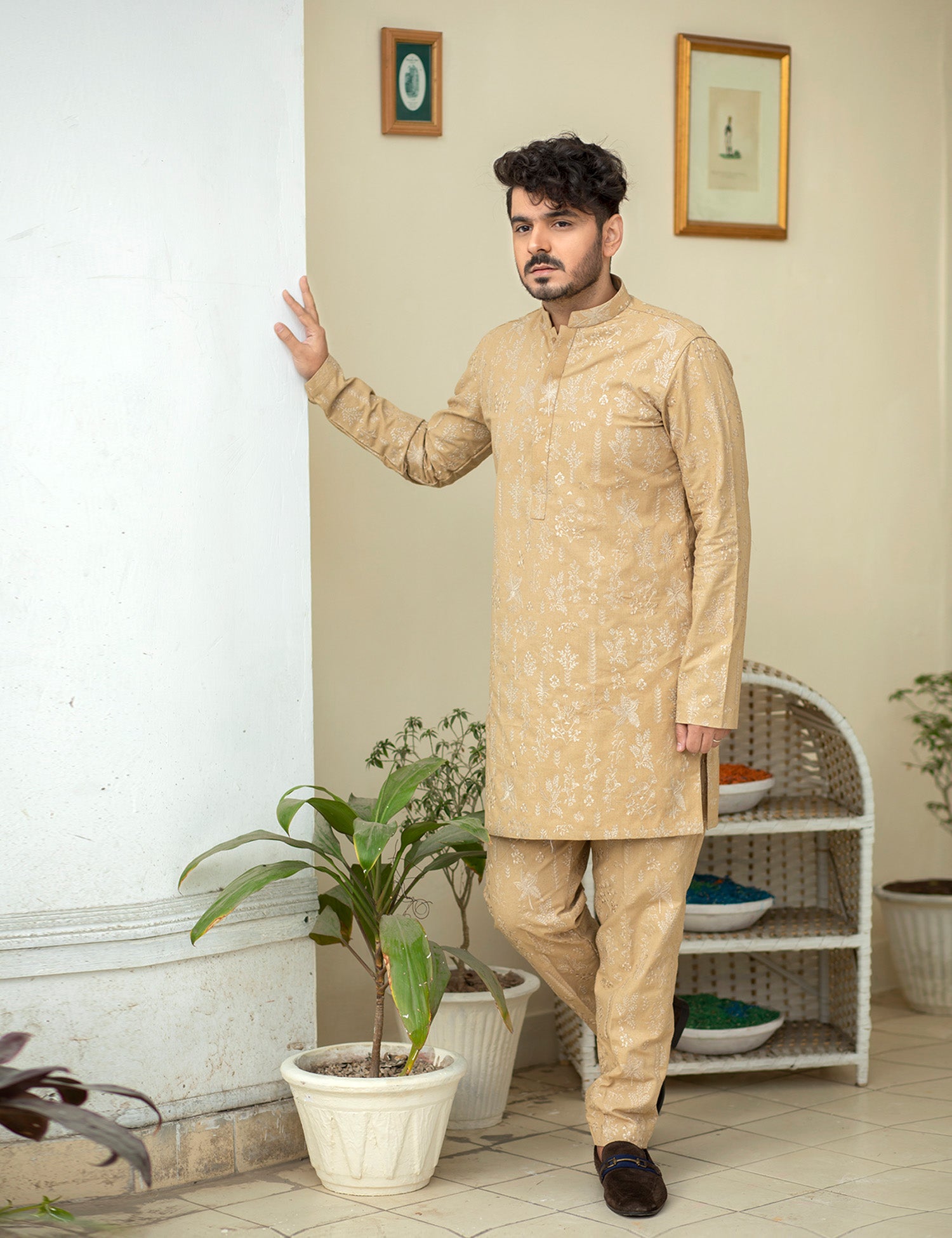 Camel Brown Embroidered Karandi Kurta (2-Piece) - Image 3