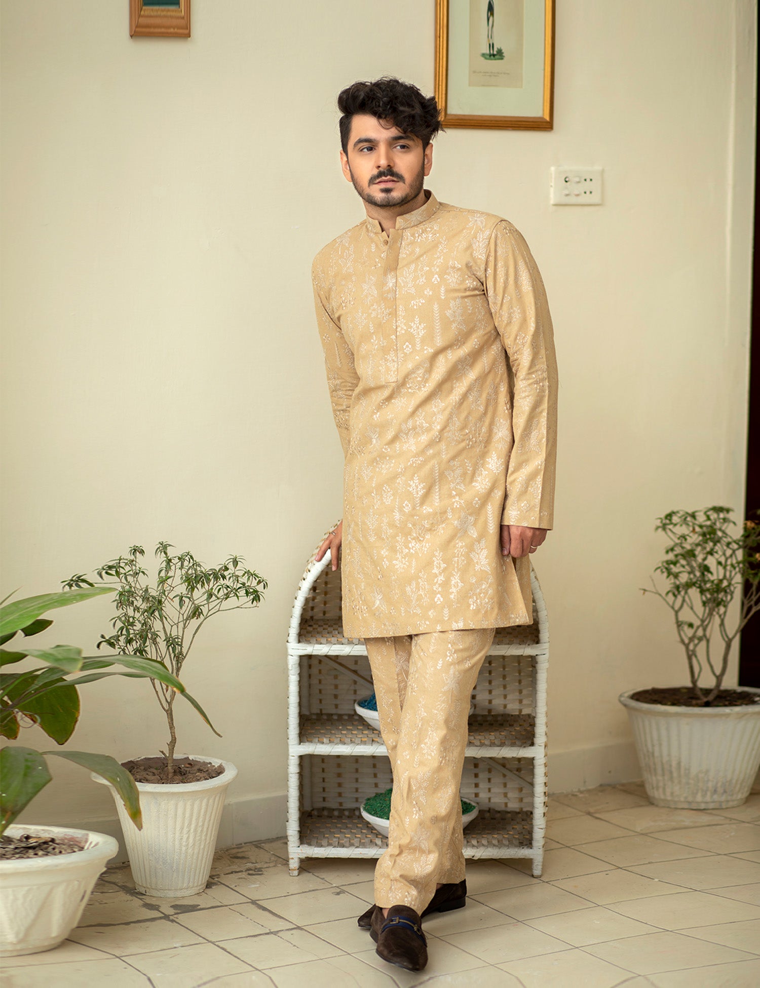 Camel Brown Embroidered Karandi Kurta (2-Piece) - Image 4