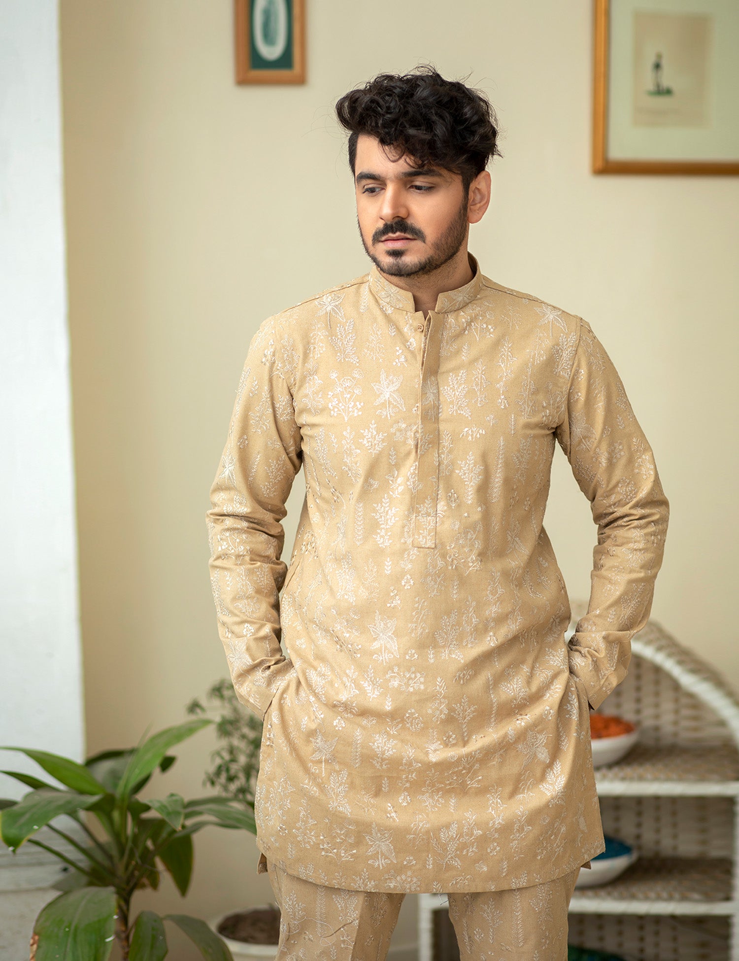 Camel Brown Embroidered Karandi Kurta (2-Piece) - Image 5