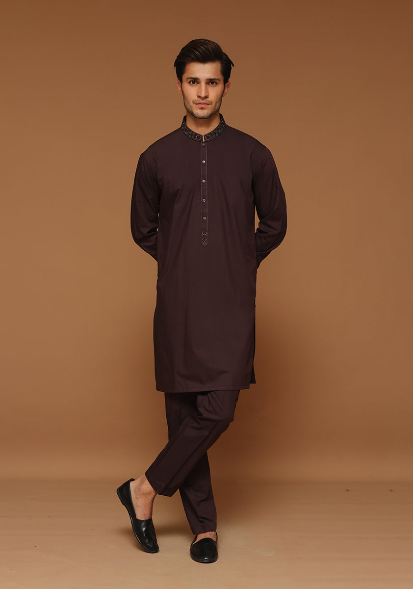 Seal Brown Embroidered Poly Viscose Kurta (2-Piece) - Image 1