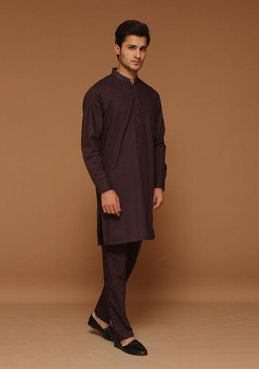 Seal Brown Embroidered Poly Viscose Kurta (2-Piece) - Image 3