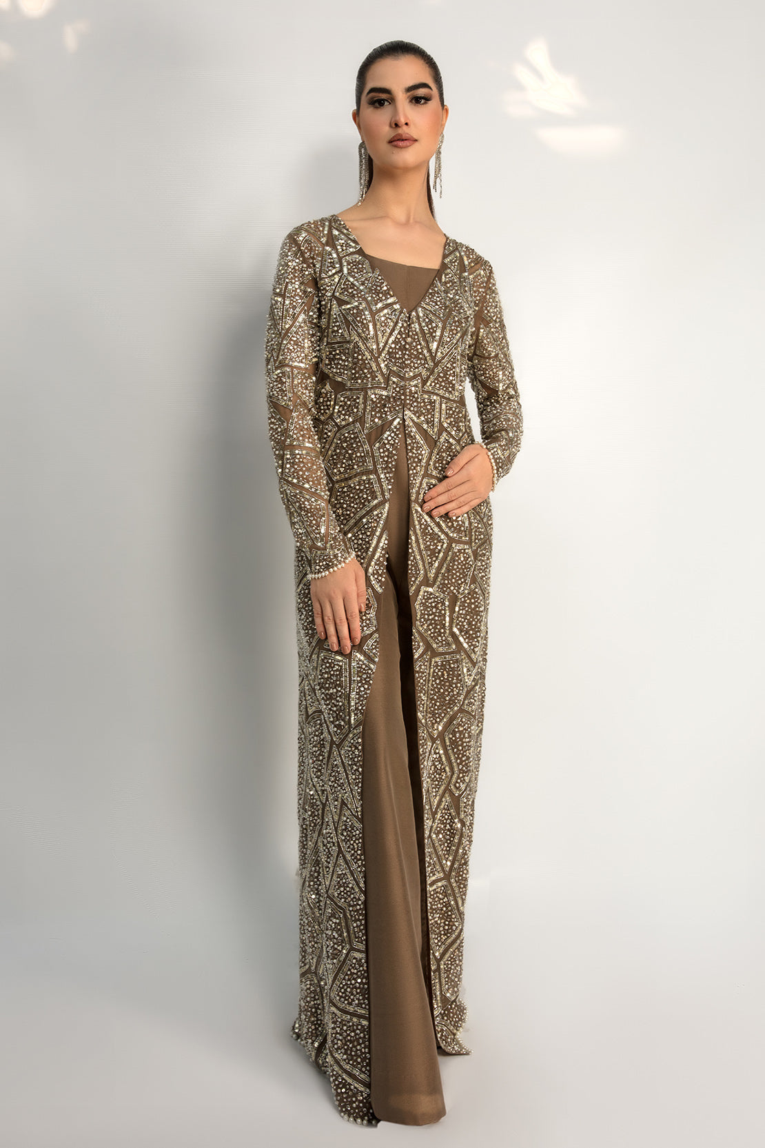 Brown Swarovski Embellished Net Gown with Jumpsuit (2-Piece) - Image 1