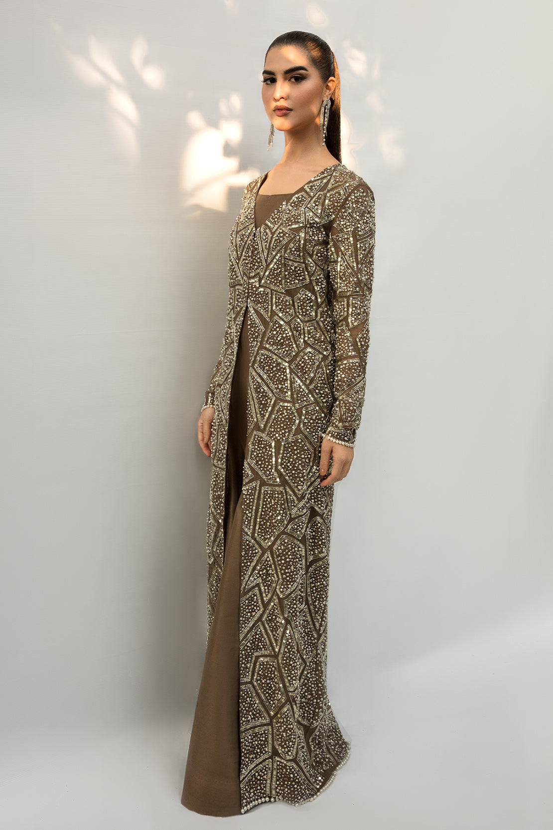 Brown Swarovski Embellished Net Gown with Jumpsuit (2-Piece) - Image 3