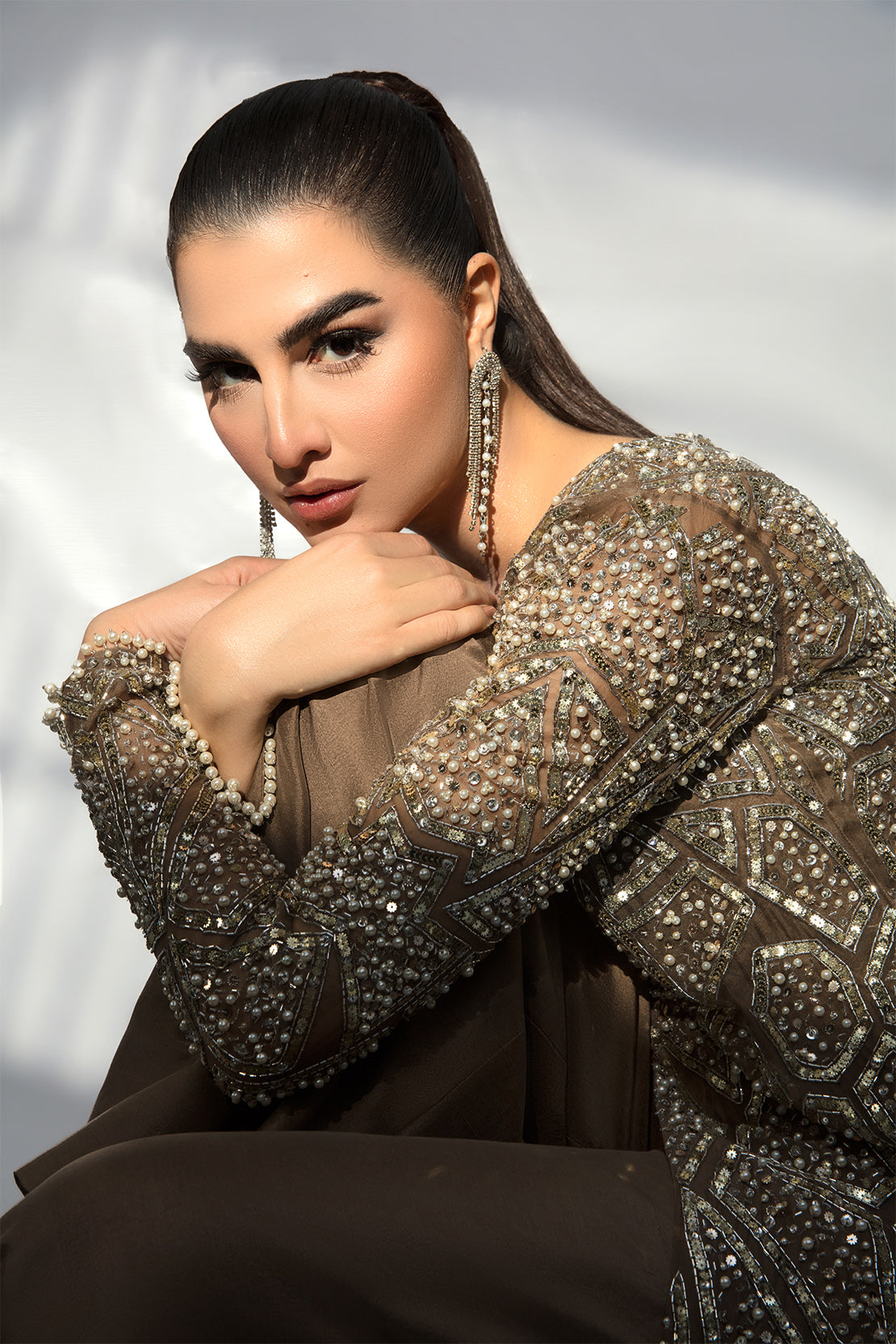 Brown Swarovski Embellished Net Gown with Jumpsuit (2-Piece) - Image 4