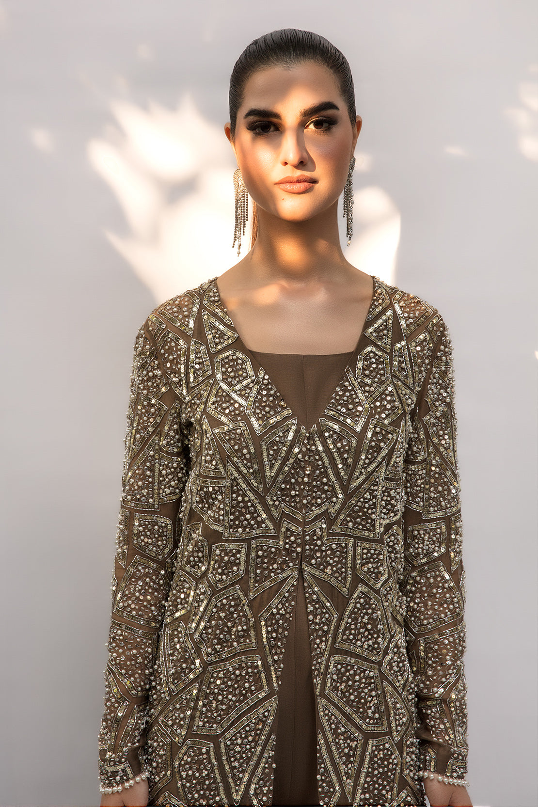 Brown Swarovski Embellished Net Gown with Jumpsuit (2-Piece) - Image 5