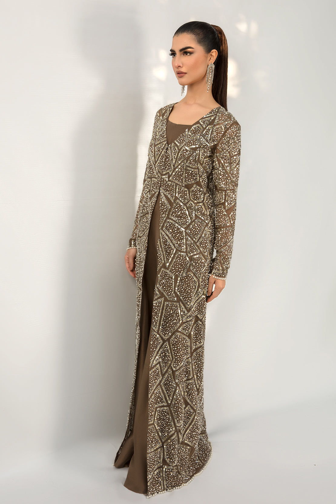Brown Swarovski Embellished Net Gown with Jumpsuit (2-Piece) - Image 6