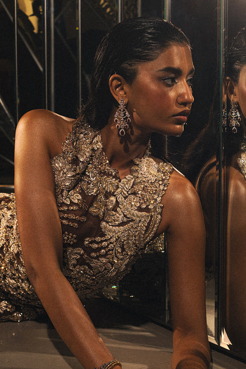 Pakistani Tobacco Hand-Embellished Sheer Net Gown (2-Piece) - Image 6