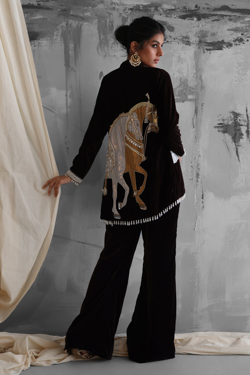 Pakistani Brown Velvet Hi-Low Jacket Set (3-Piece) - Image 4