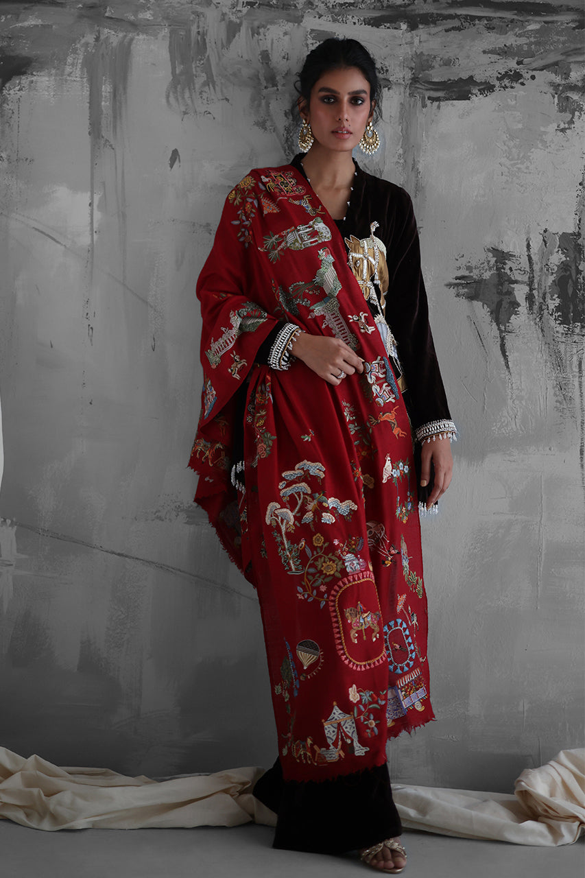 Pakistani Brown Velvet Hi-Low Jacket Set (3-Piece) - Image 5