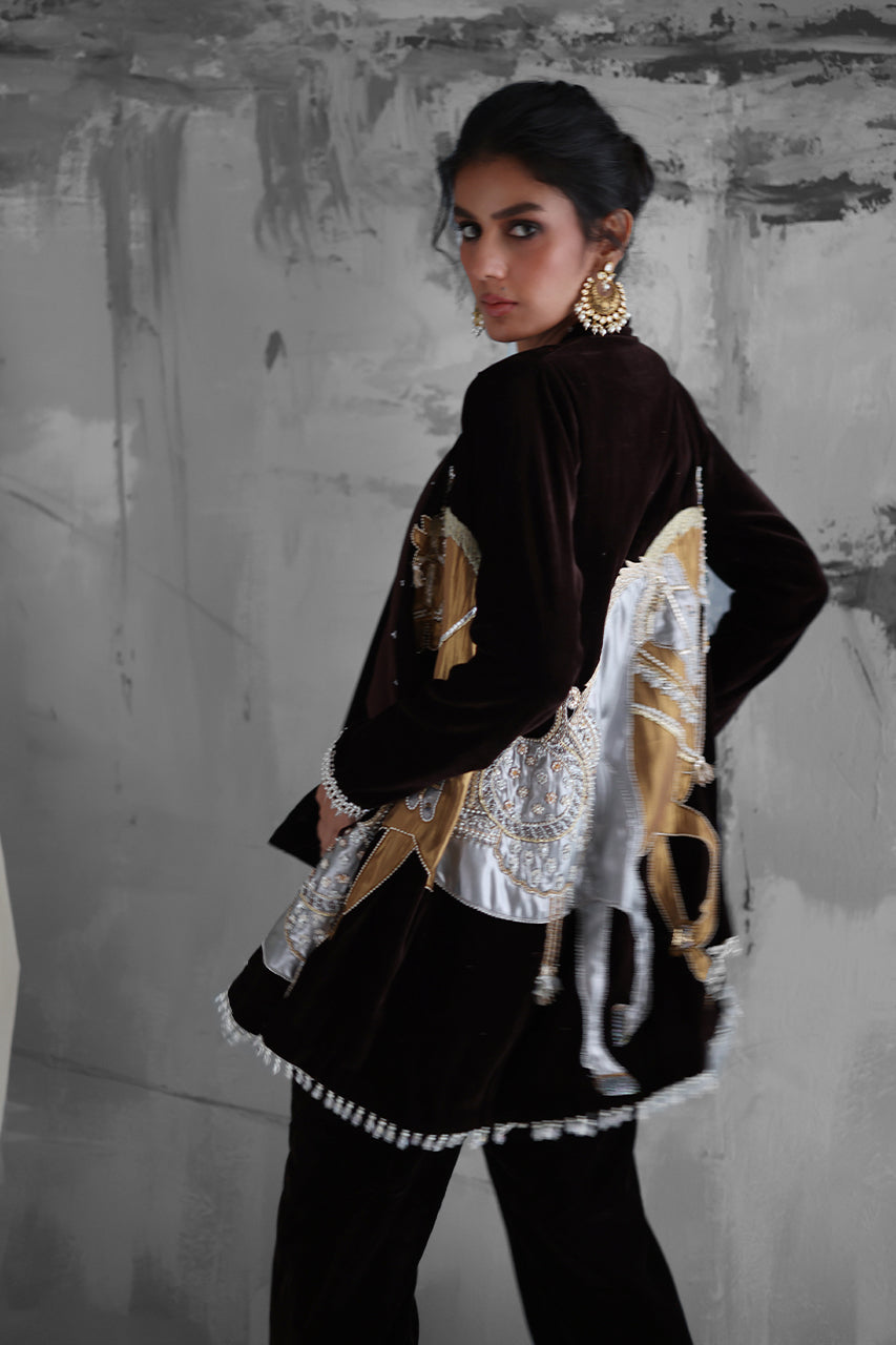 Pakistani Brown Velvet Hi-Low Jacket Set (3-Piece) - Image 8