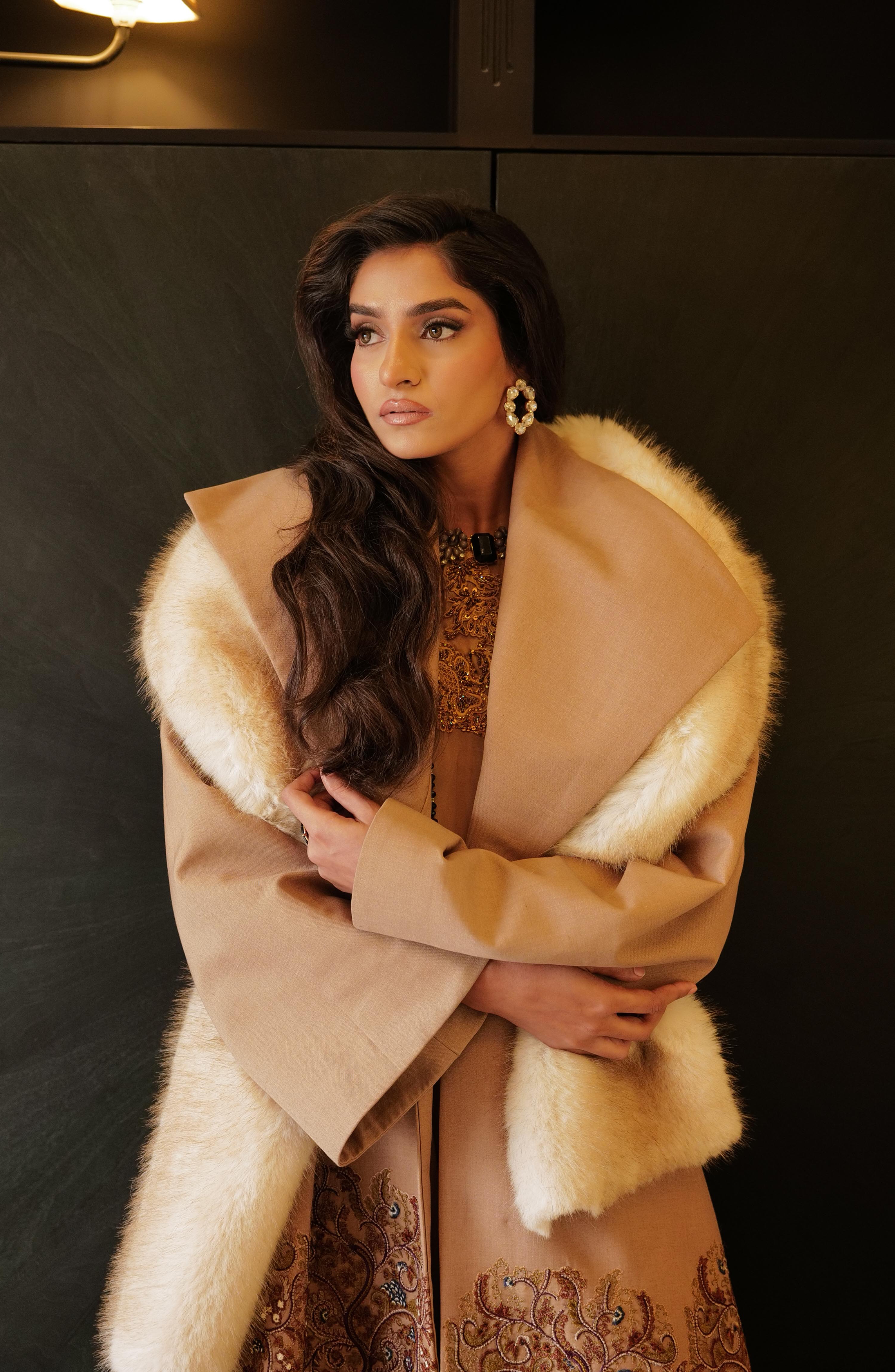 Pakistani Camel Brown Embroidered Tropical Jacket & Georgette Jumpsuit (2-Piece) - Image 1