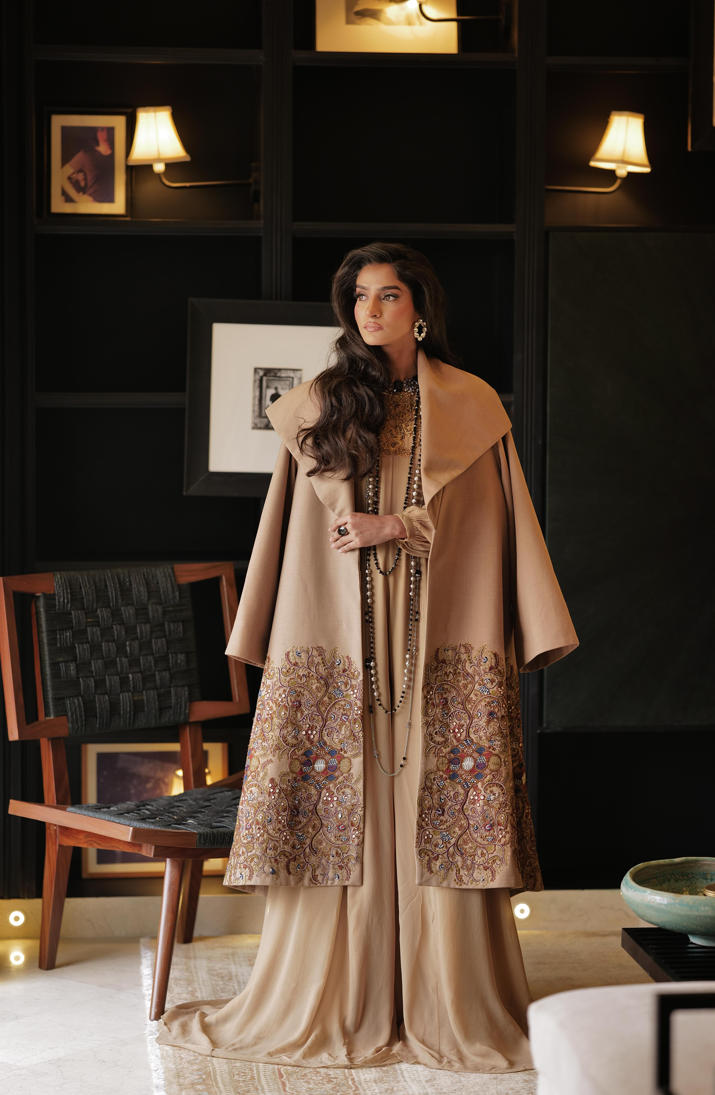Pakistani Camel Brown Embroidered Tropical Jacket & Georgette Jumpsuit (2-Piece) - Image 2