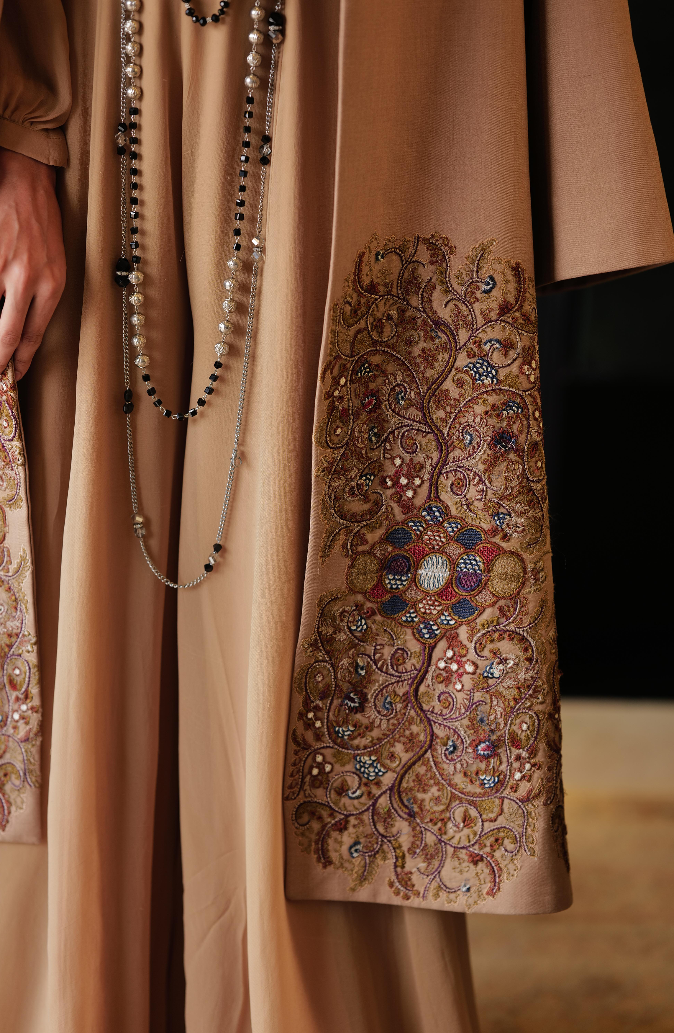 Pakistani Camel Brown Embroidered Tropical Jacket & Georgette Jumpsuit (2-Piece) - Image 3