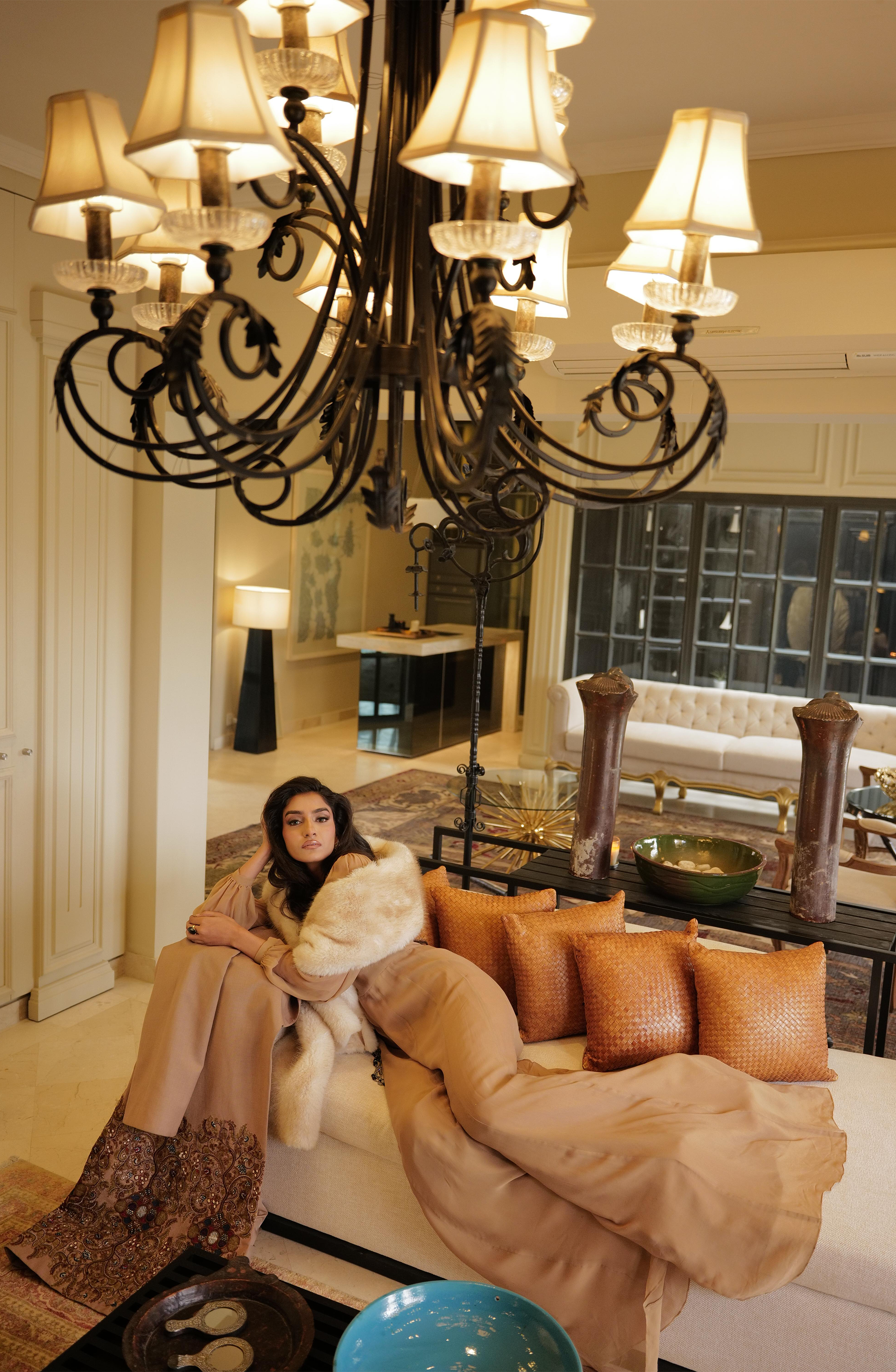 Pakistani Camel Brown Embroidered Tropical Jacket & Georgette Jumpsuit (2-Piece) - Image 5