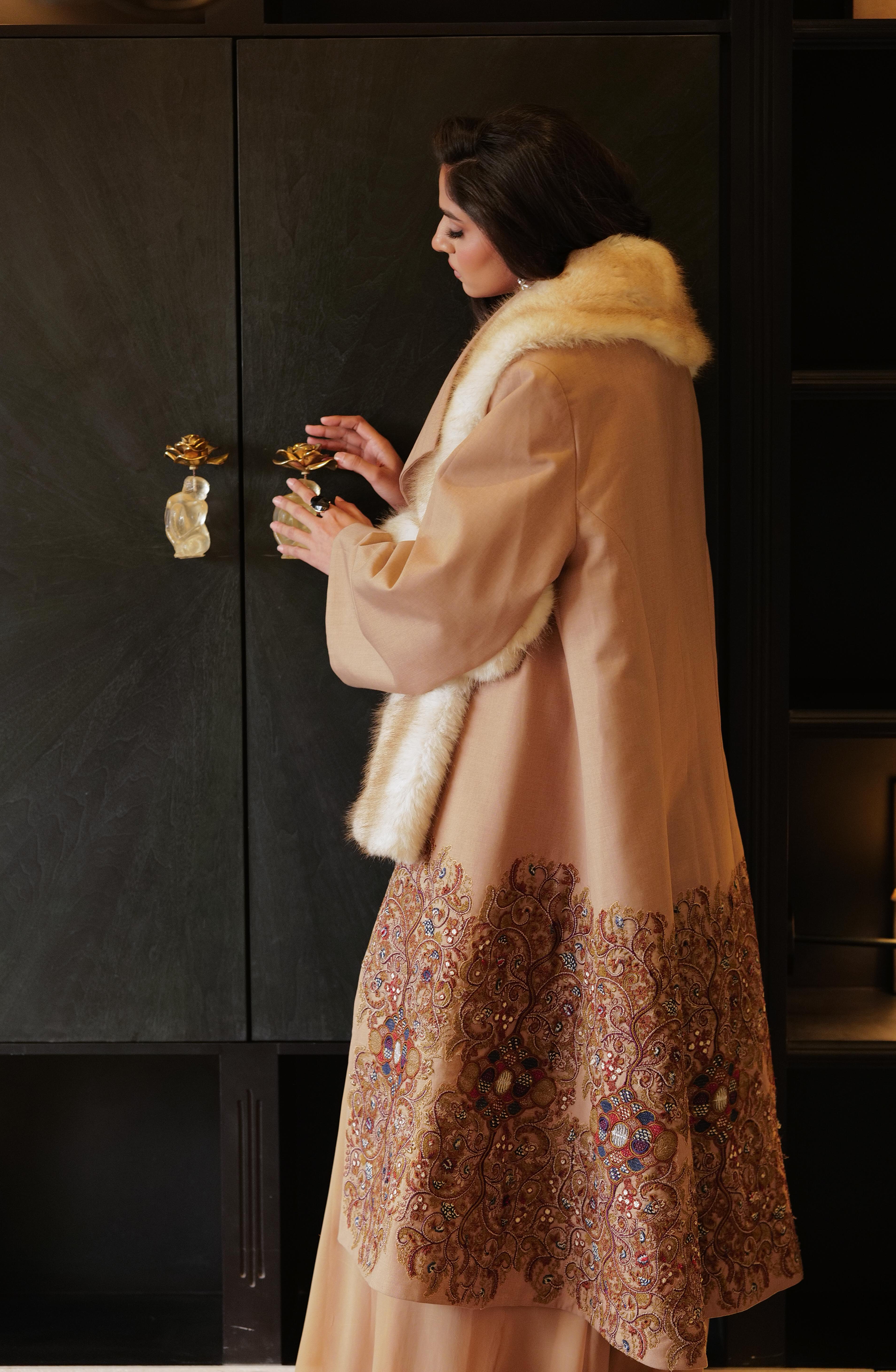 Pakistani Camel Brown Embroidered Tropical Jacket & Georgette Jumpsuit (2-Piece) - Image 6