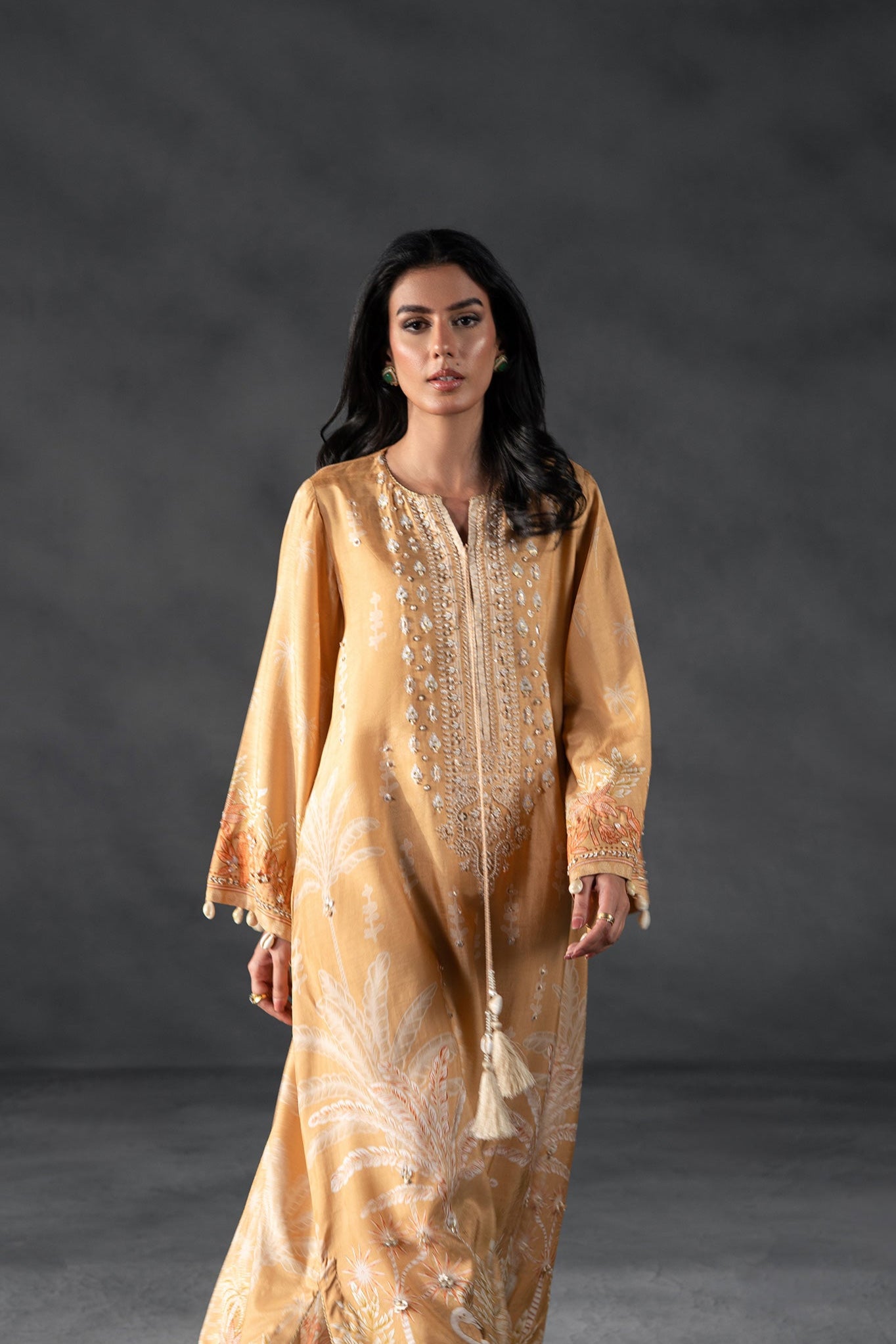 Pakistani Caramel Embroidered Blended Silk Kaftan Set (2-Piece) - Image 2