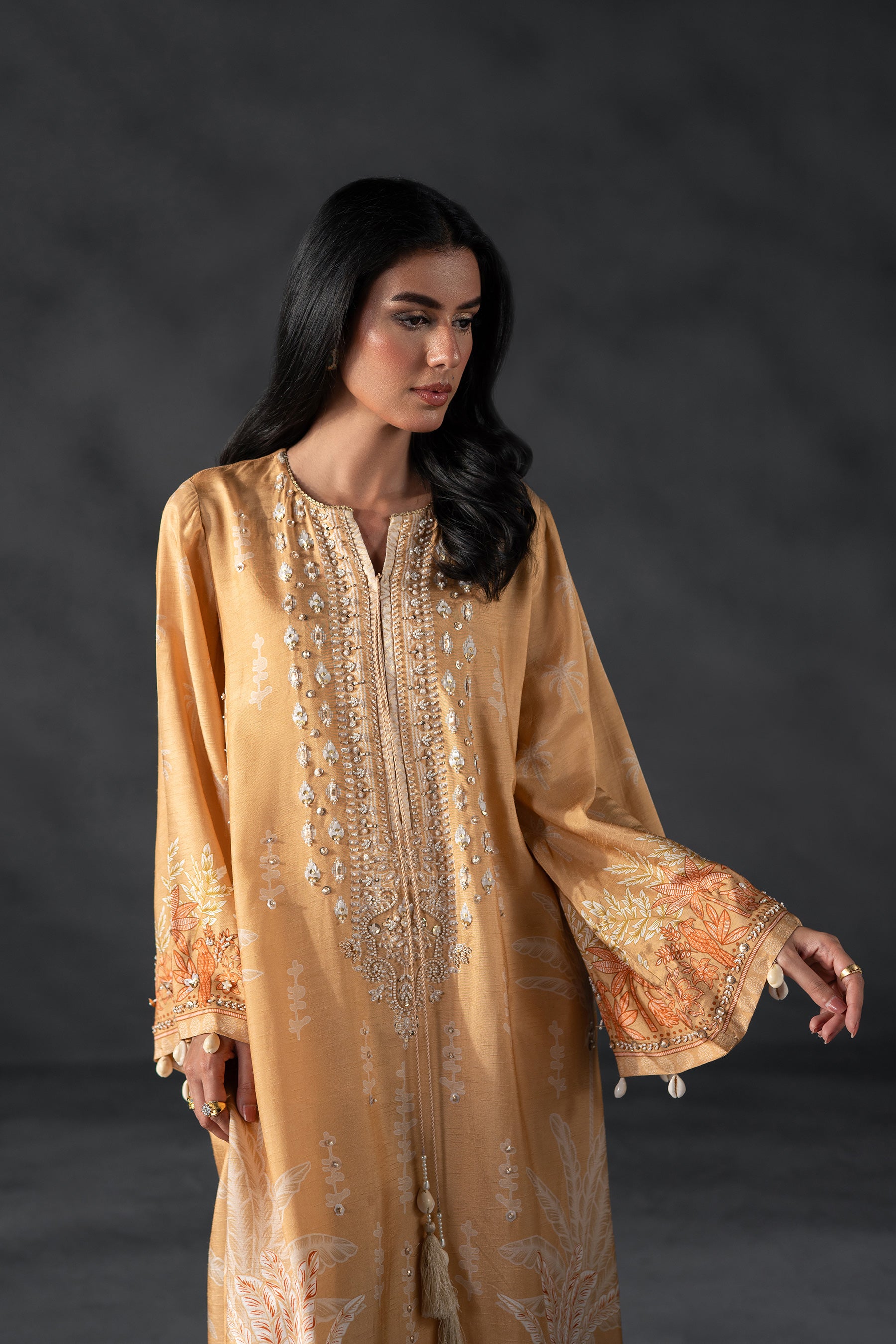 Pakistani Caramel Embroidered Blended Silk Kaftan Set (2-Piece) - Image 4