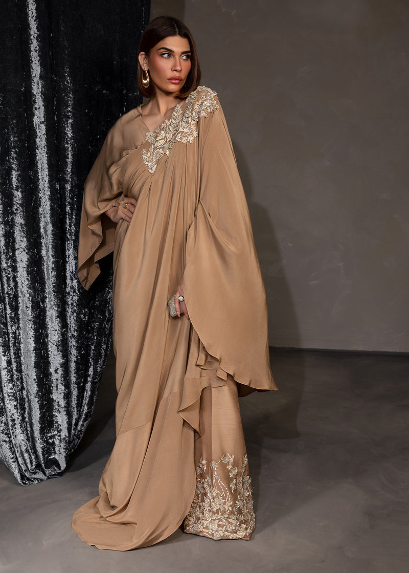Pakistani Cocoa Embroidered Crepe Kaftan Set (2-Piece) - Image 1