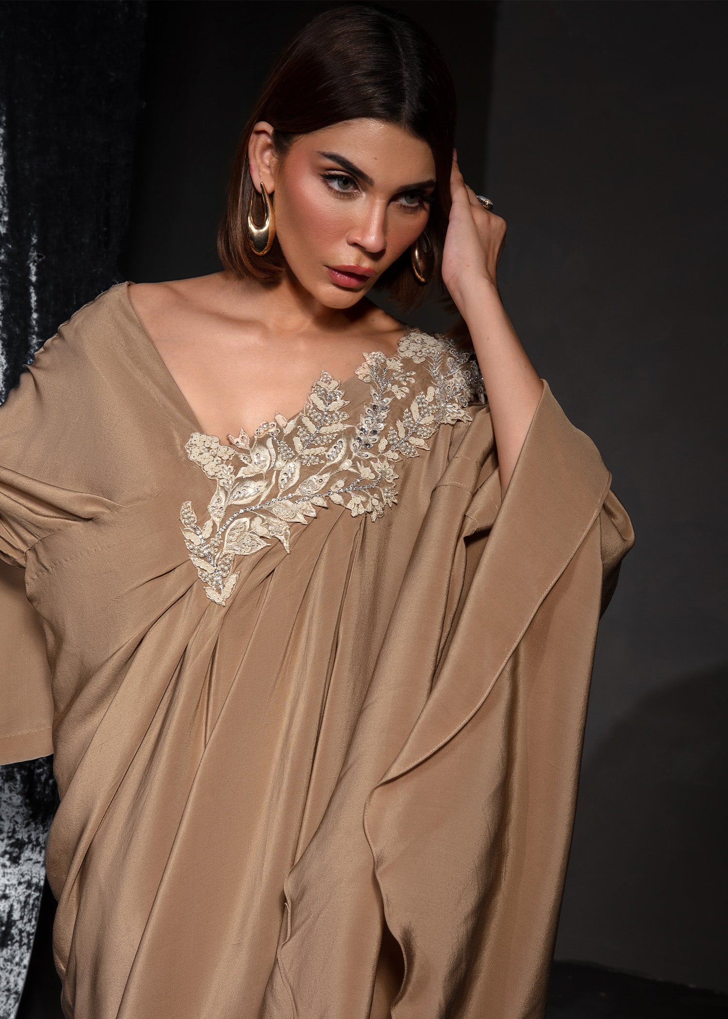 Pakistani Cocoa Embroidered Crepe Kaftan Set (2-Piece) - Image 3