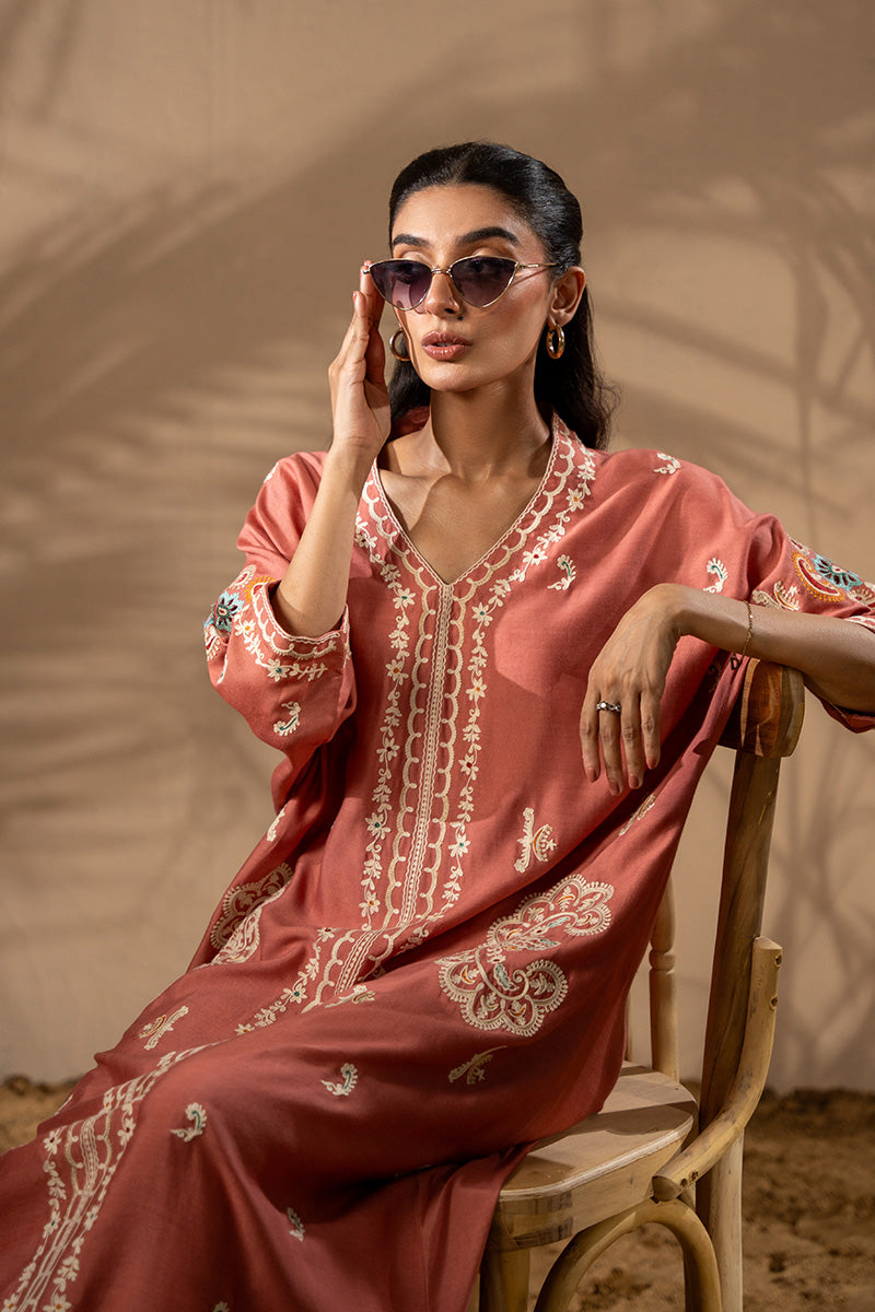 Rust Aari Embroidered Khadi Silk Kaftan (1-Pc) - Image 2