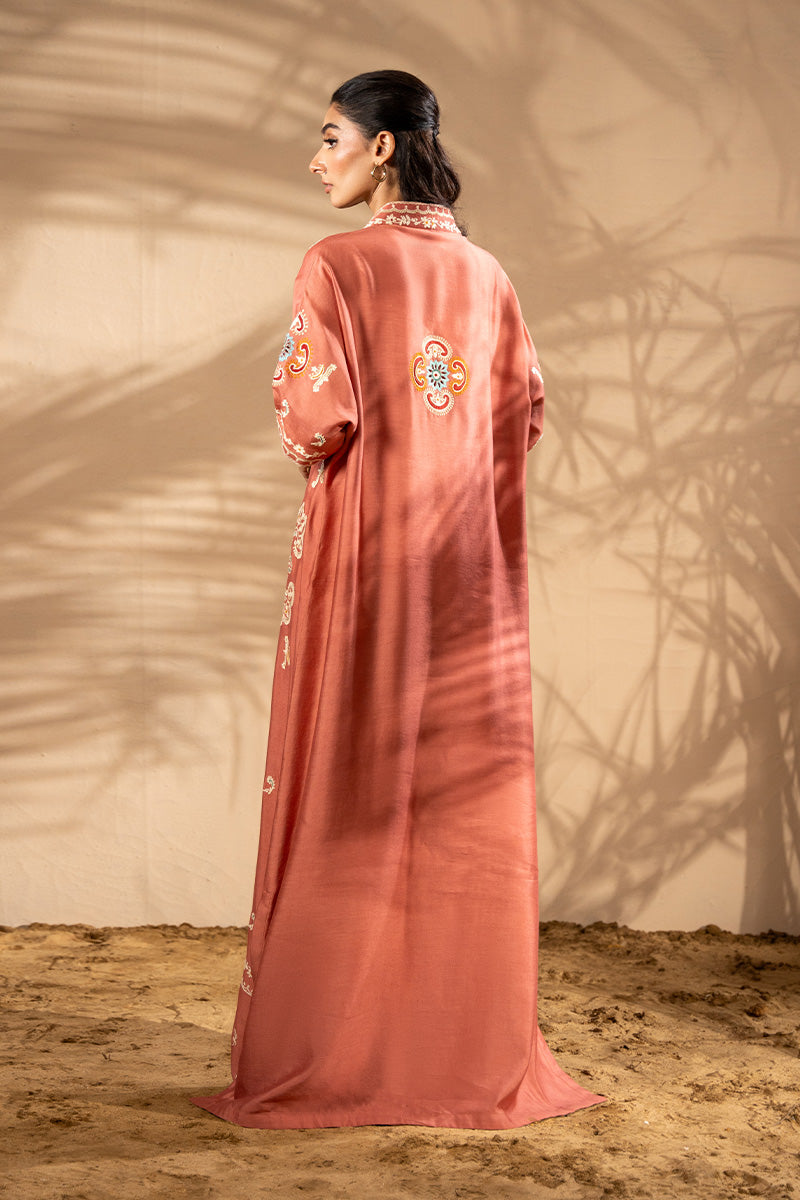 Rust Aari Embroidered Khadi Silk Kaftan (1-Pc) - Image 3