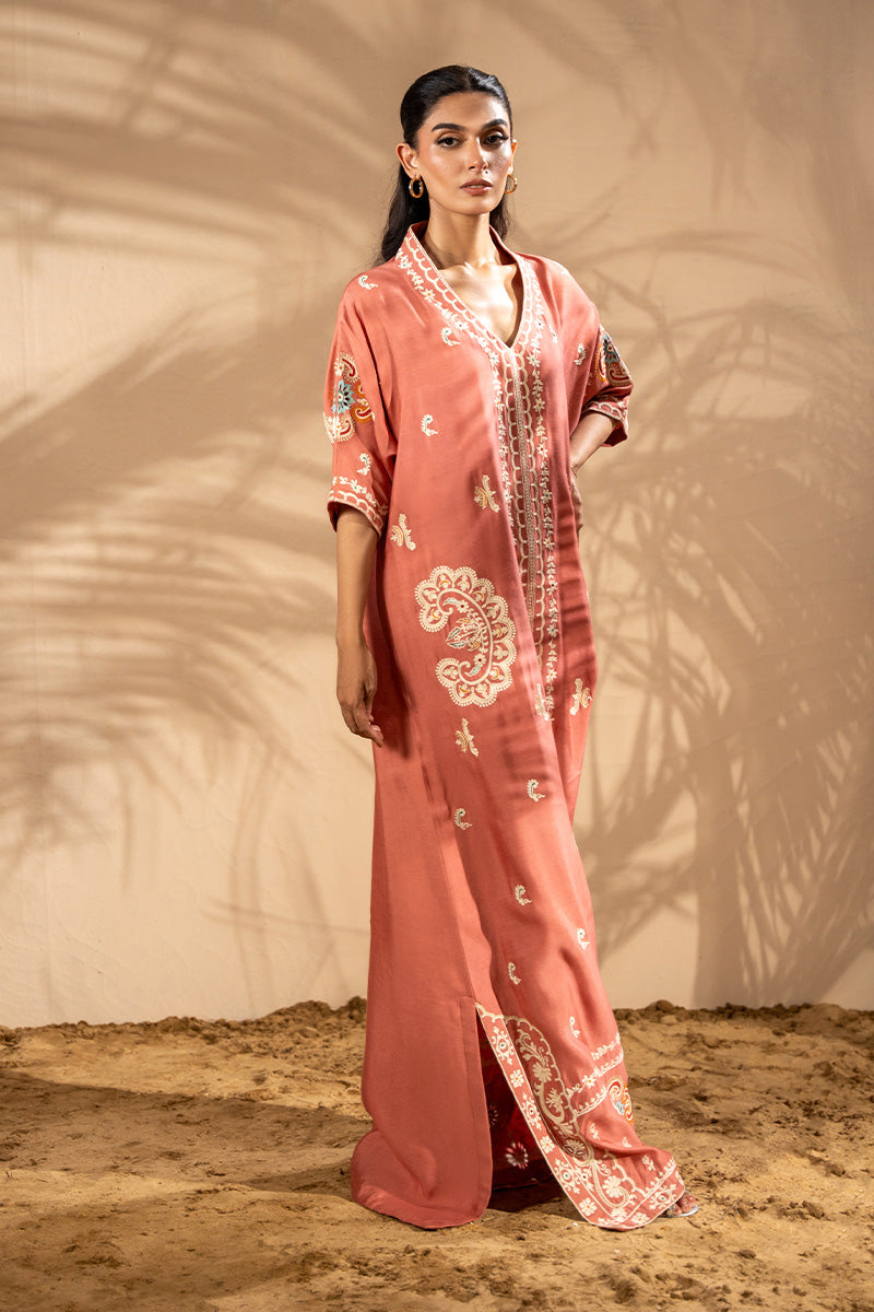 Rust Aari Embroidered Khadi Silk Kaftan (1-Pc) - Image 4