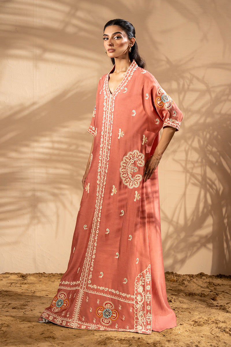 Rust Aari Embroidered Khadi Silk Kaftan (1-Pc) - Image 5