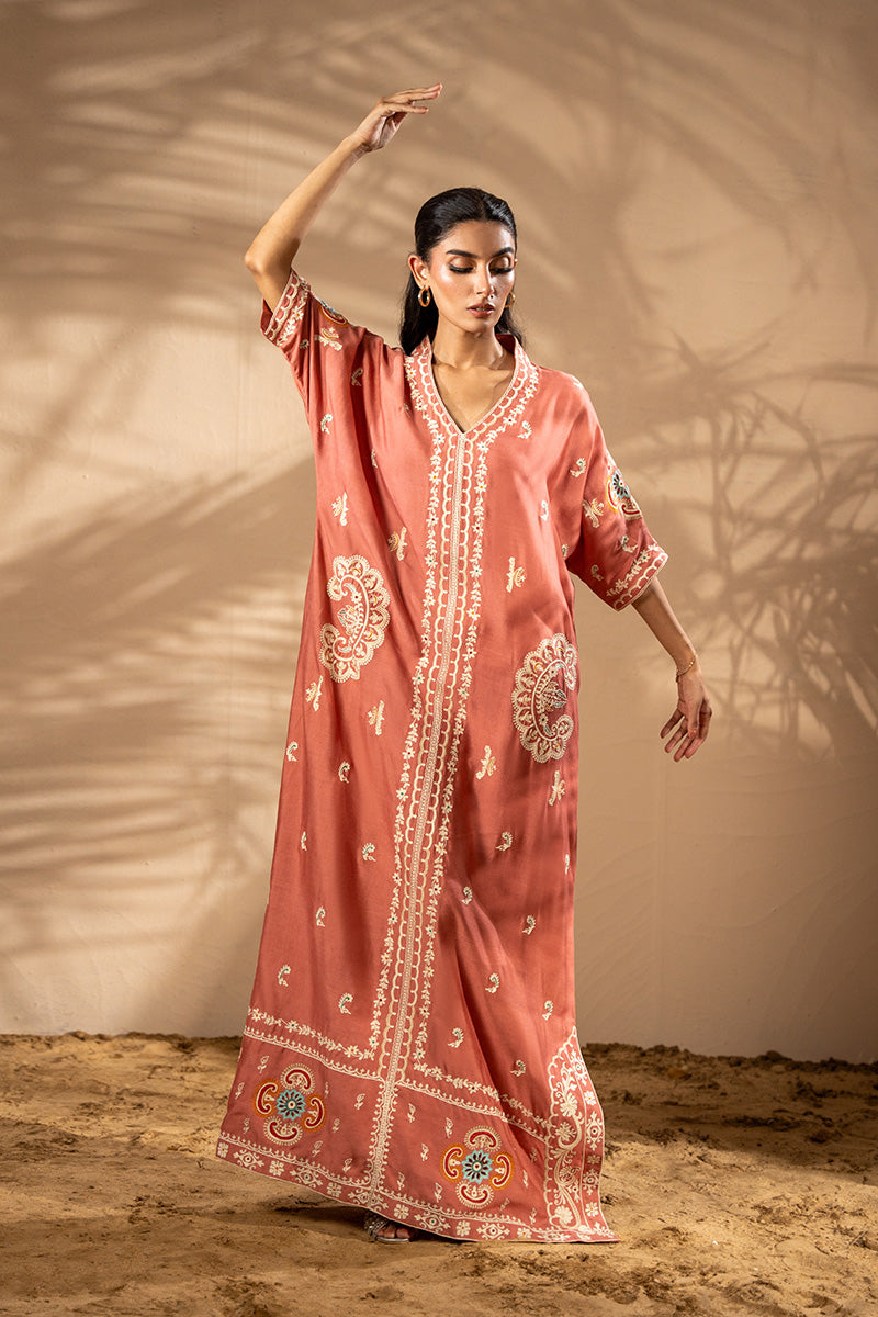 Rust Aari Embroidered Khadi Silk Kaftan (1-Pc) - Image 6
