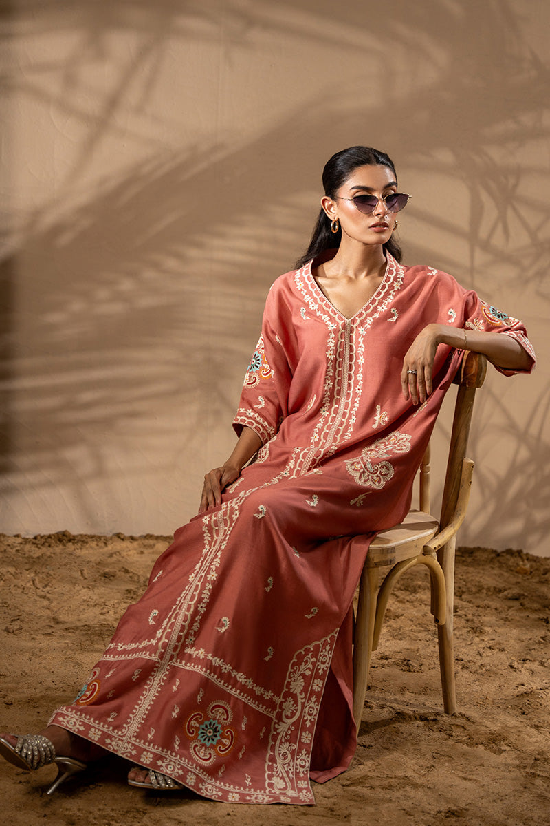 Rust Aari Embroidered Khadi Silk Kaftan (1-Pc) - Image 7