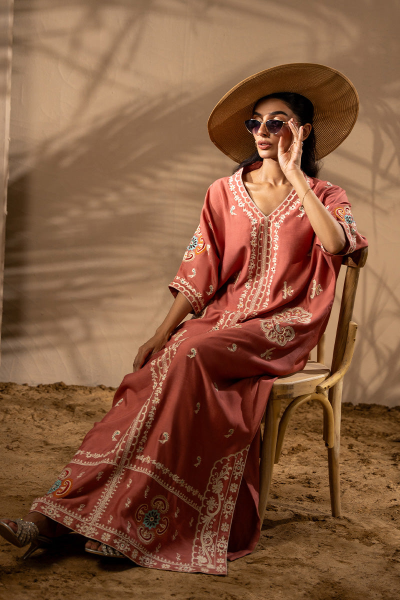 Rust Aari Embroidered Khadi Silk Kaftan (1-Pc) - Image 8