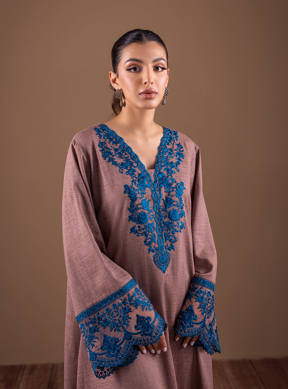 Pakistani Coffee Embroidered Linen Kaftan (2-Piece) - Image 2