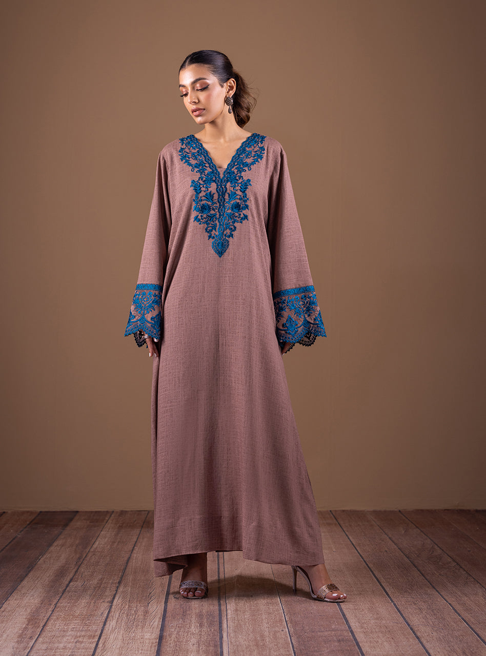 Pakistani Coffee Embroidered Linen Kaftan (2-Piece) - Image 3