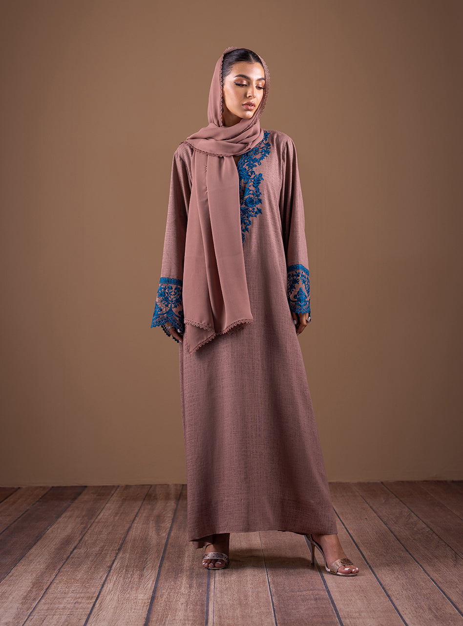 Coffee Embroidered Linen Kaftan (2-Piece) - Image 1