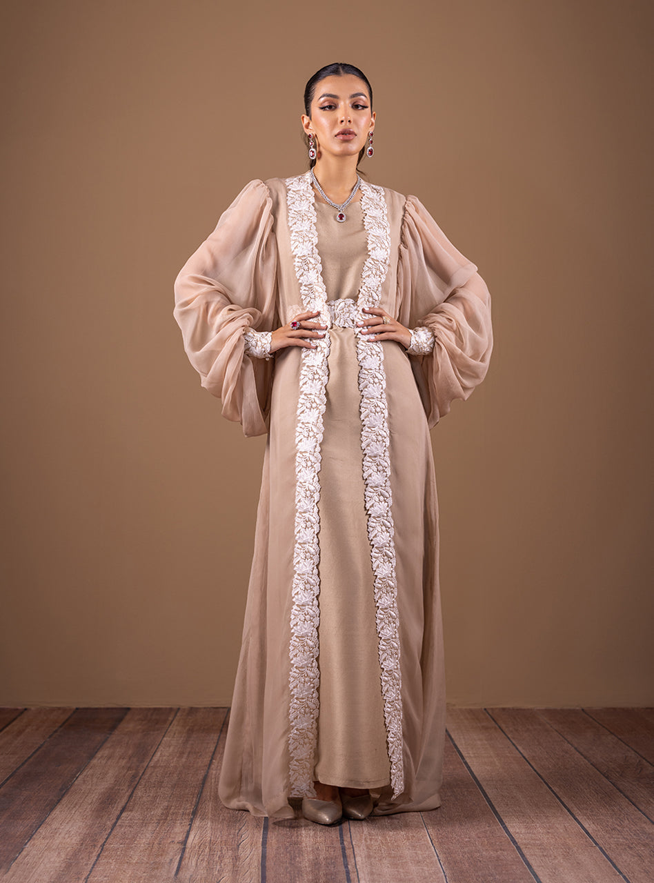 Coffee Embroidered Chiffon Jacket & Silk Kaftan (2-Piece) - Image 1
