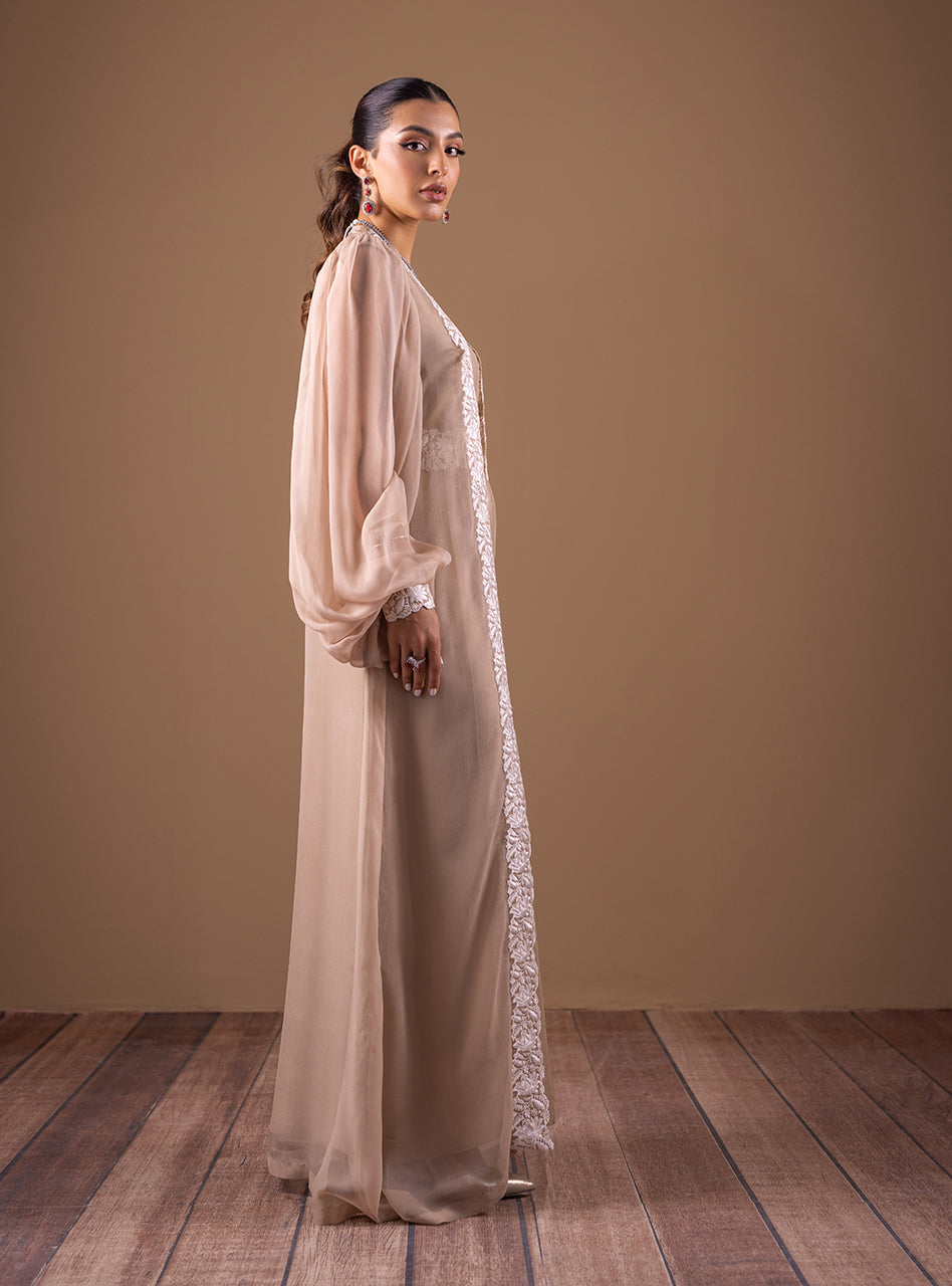Coffee Embroidered Chiffon Jacket & Silk Kaftan (2-Piece) - Image 5