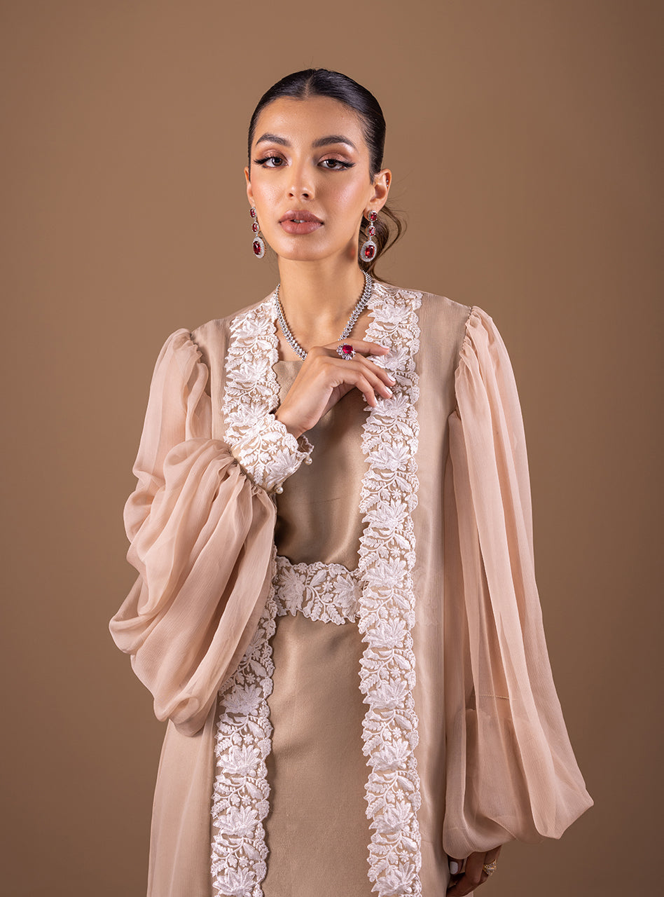 Pakistani Coffee Embroidered Raw Silk Kaftan (2-Piece) - Image 2