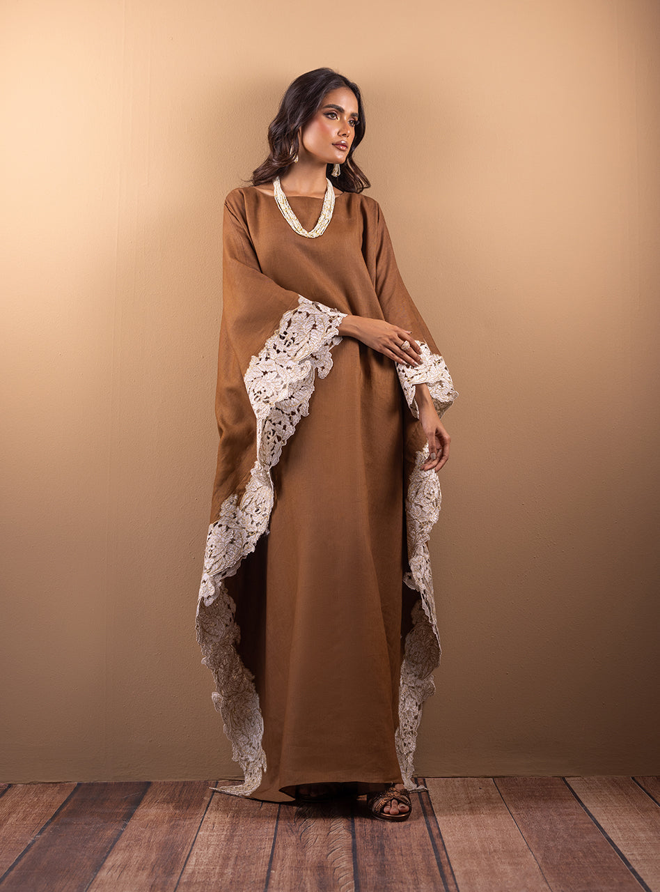 Pakistani Brown Lace Raw Silk Kaftan (1-Pc) - Image 1