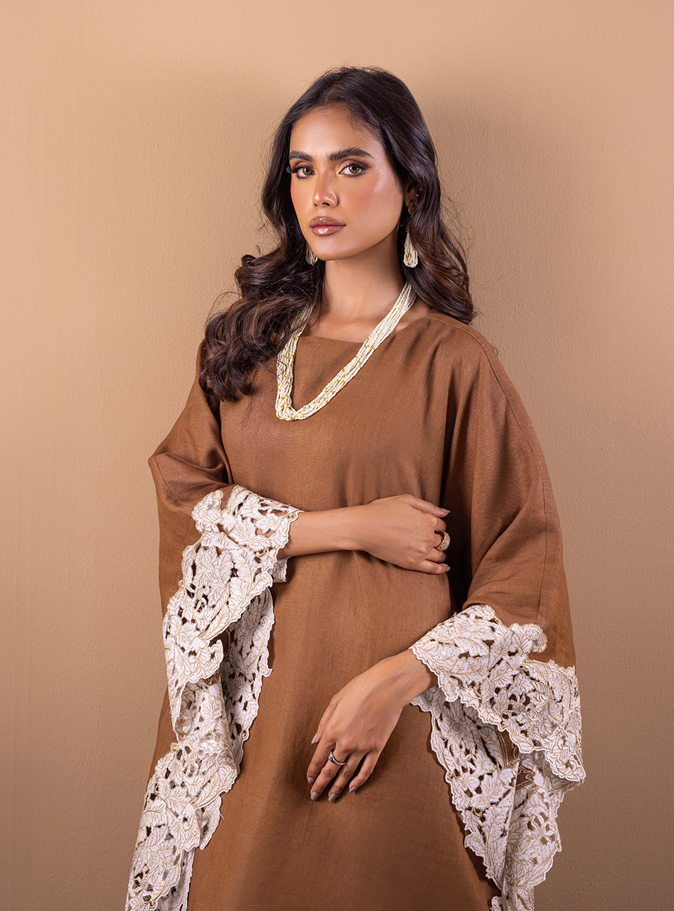 Pakistani Brown Lace Raw Silk Kaftan (1-Pc) - Image 2
