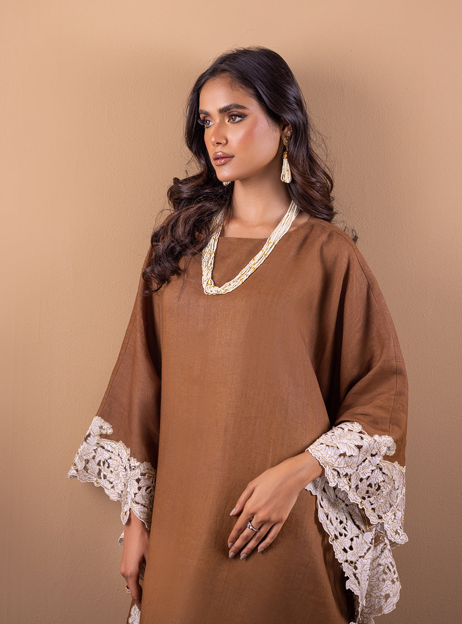 Pakistani Brown Lace Raw Silk Kaftan (1-Pc) - Image 3