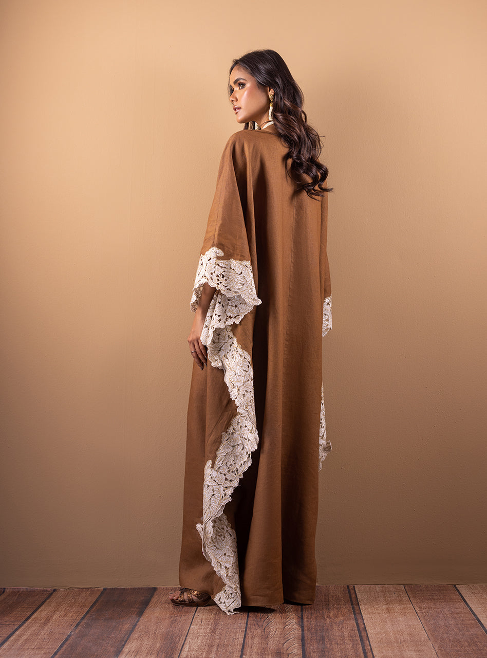 Pakistani Brown Lace Raw Silk Kaftan (1-Pc) - Image 4